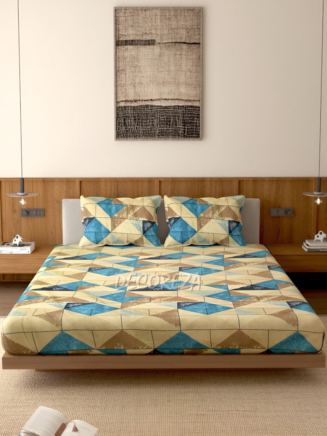 

DECOREZA Cream Graphic 300 TC Cotton Fitted Queen Bedsheet with 2 Pillow Covers