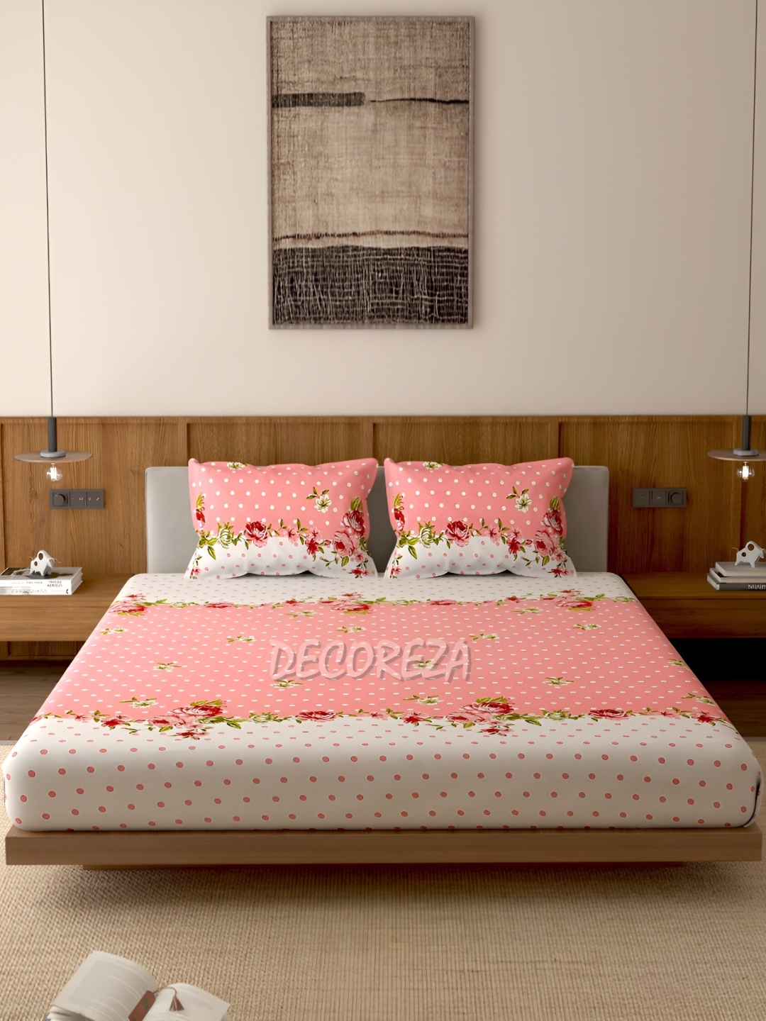 

DECOREZA Pink and White Floral 300 TC Cotton Queen Bedsheet with 2 Pillow Covers