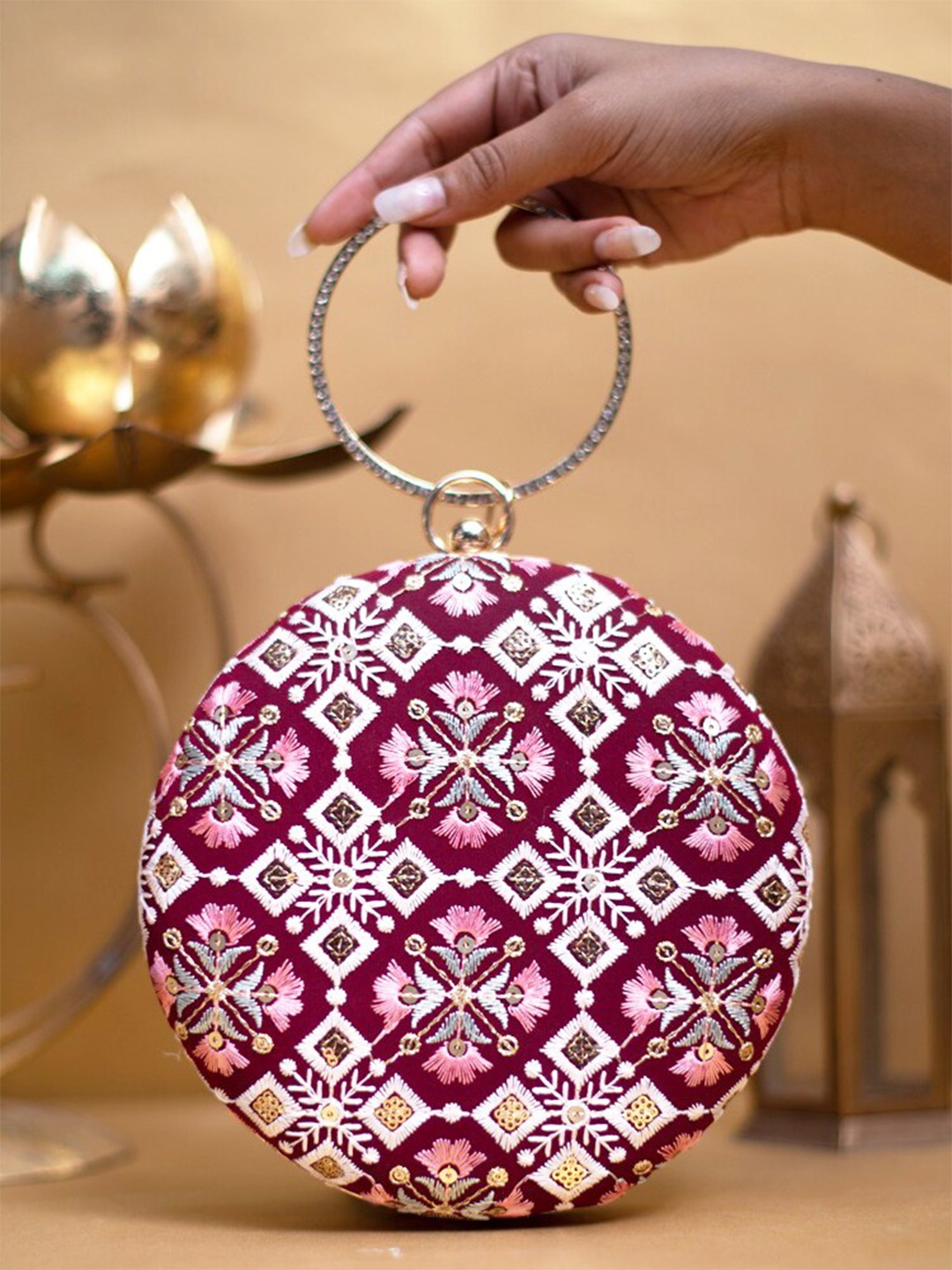 

ARTKLIM Floral Embroidered Box Clutch, Maroon