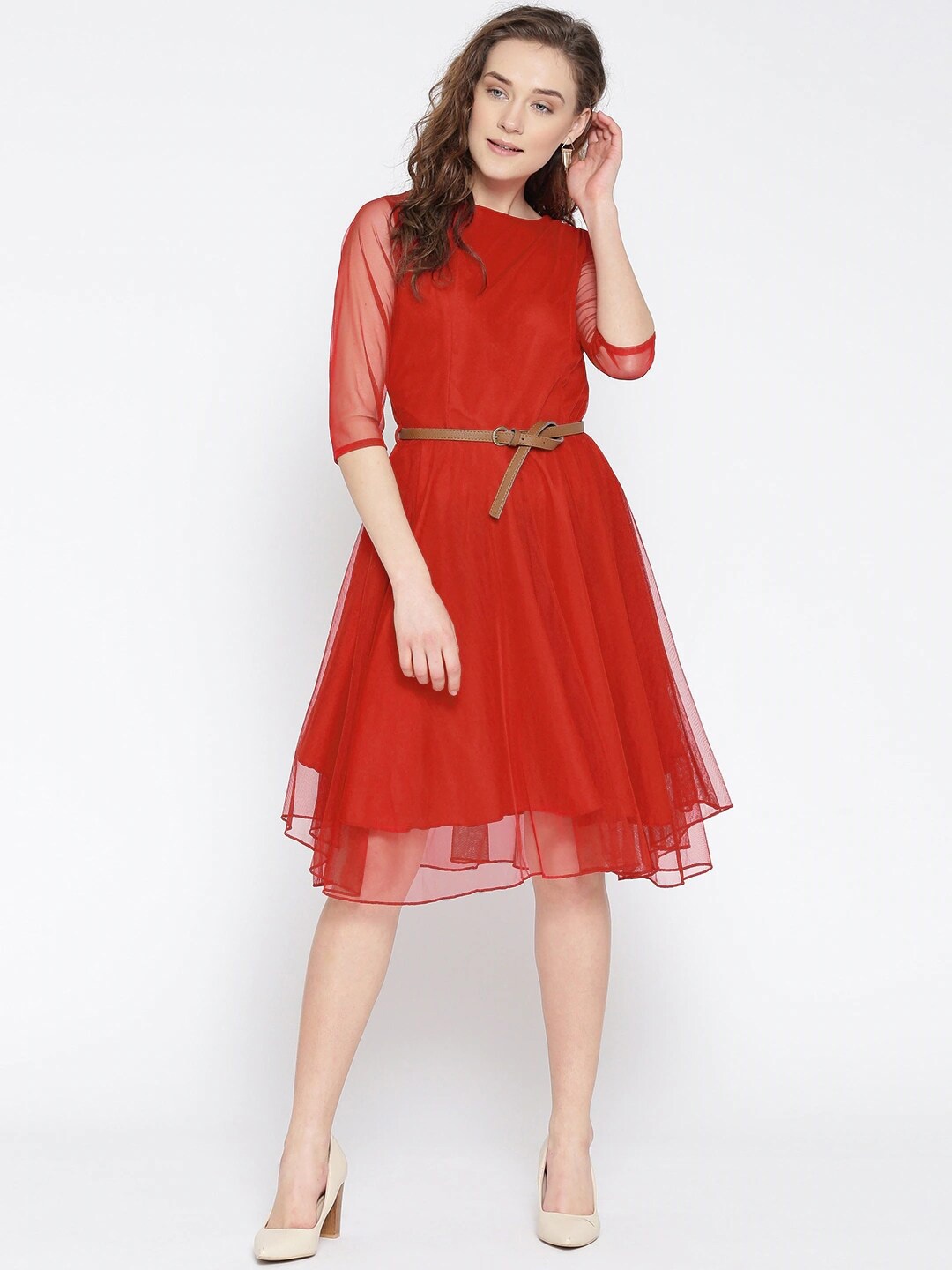 

U&F Round Neck Net Fit & Flare Dress, Red