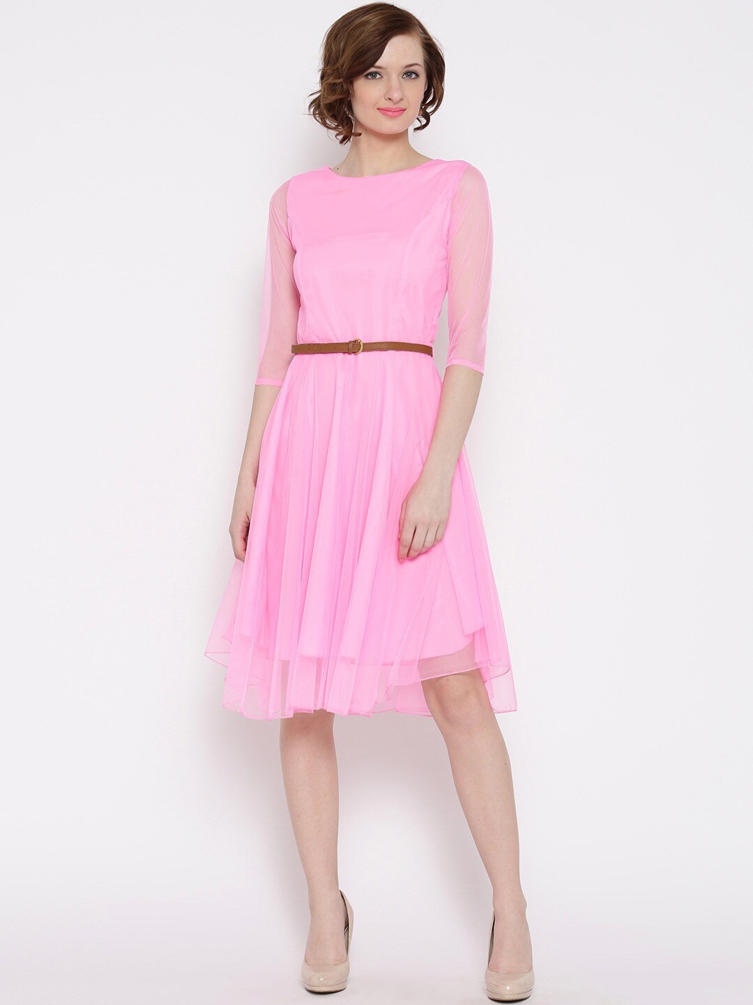 

U&F Round Neck Net Fit & Flare Dress, Pink