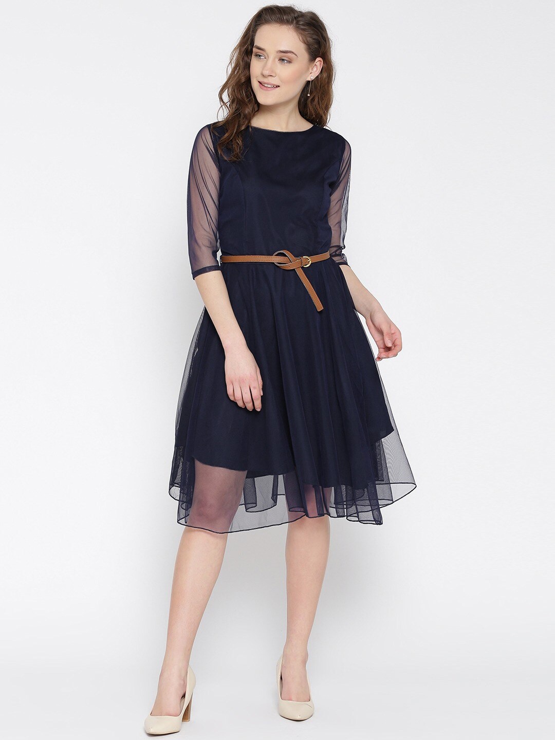 

U&F Navy Blue Boat Neck Belted Net Fit & Flare Dress