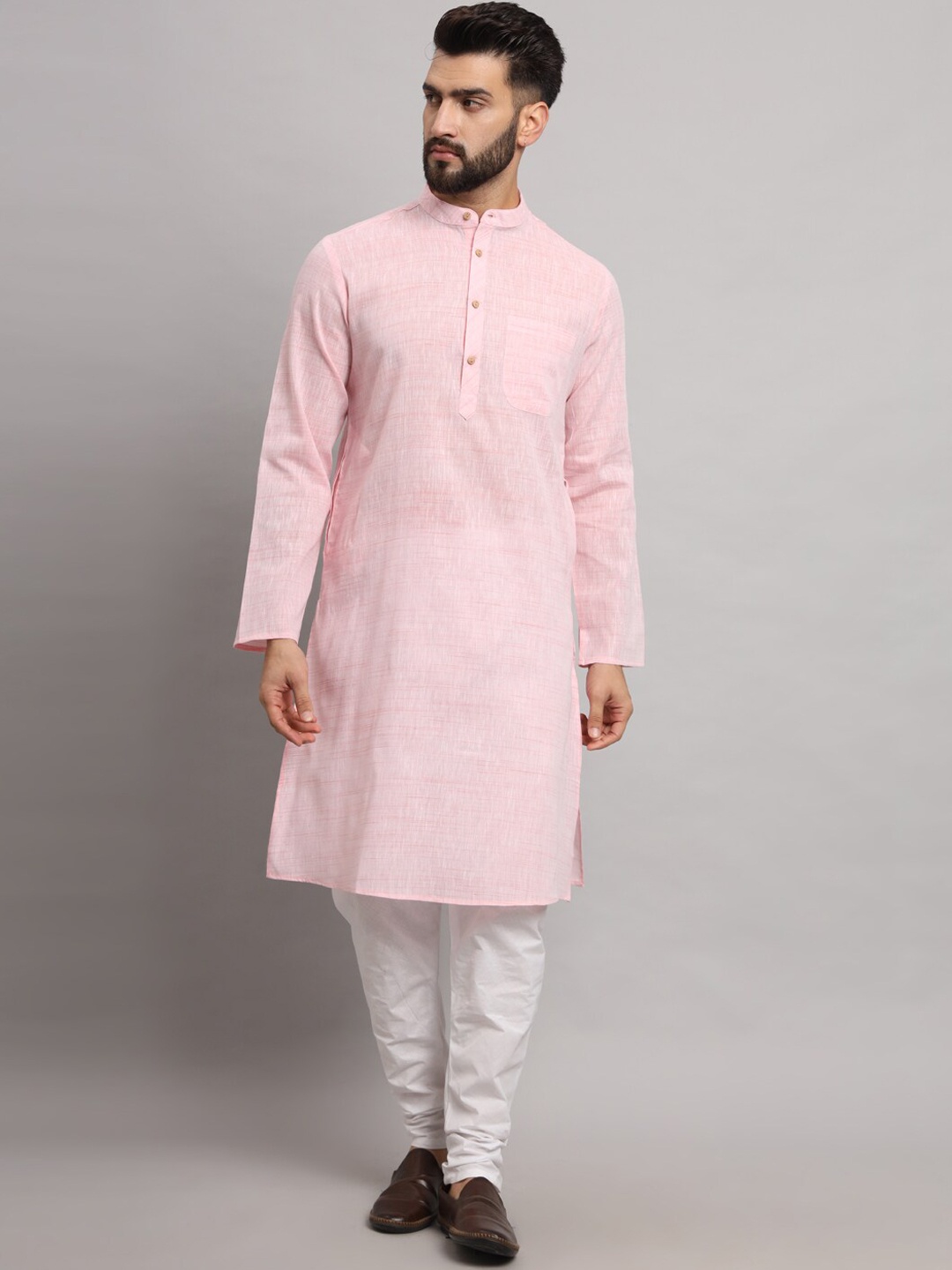 

Latest Chikan Garments Band Collar Long Sleeves Straight Kurta, Pink