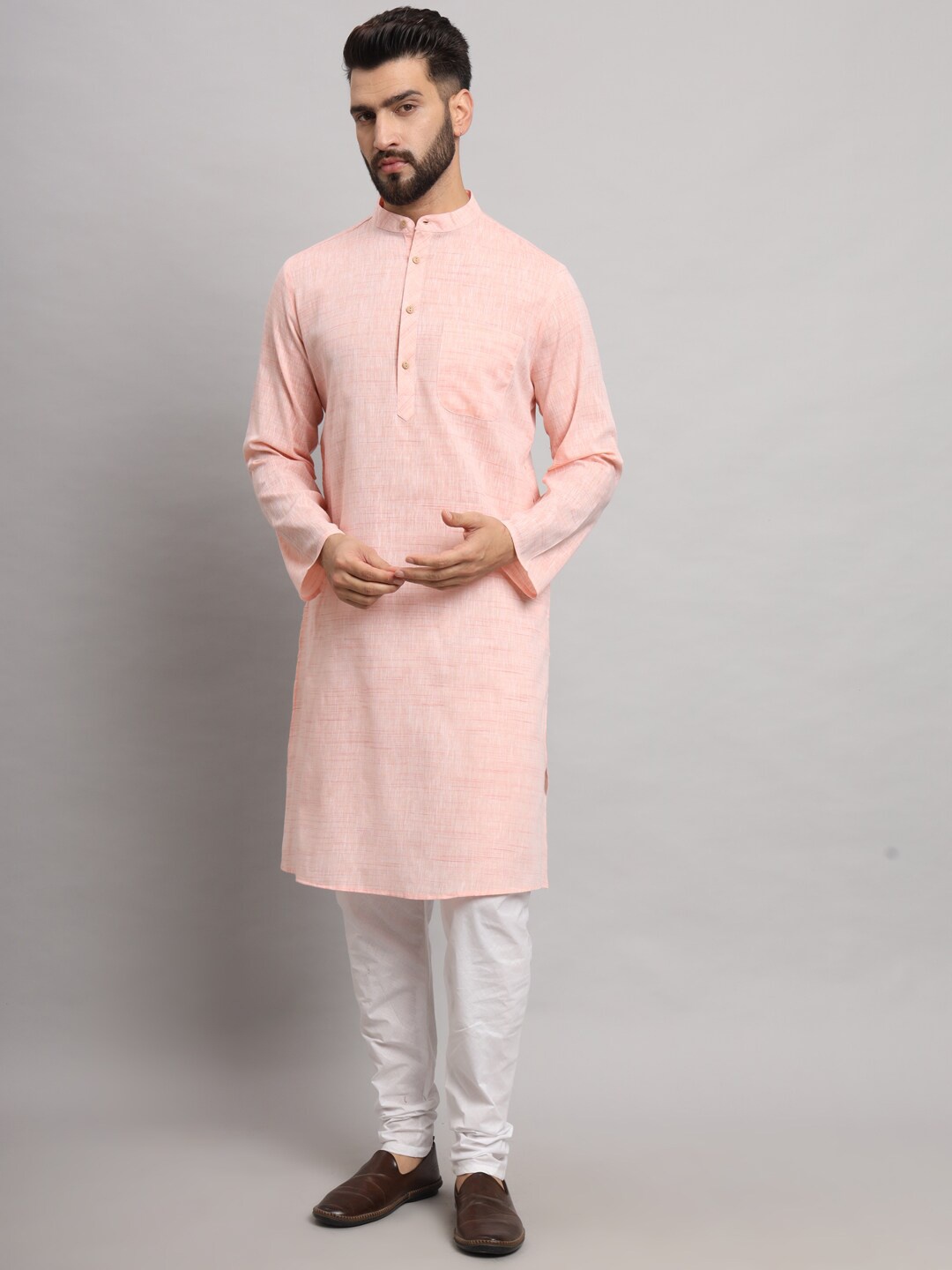 

Latest Chikan Garments Band Collar Long Sleeves Straight Kurta, Peach
