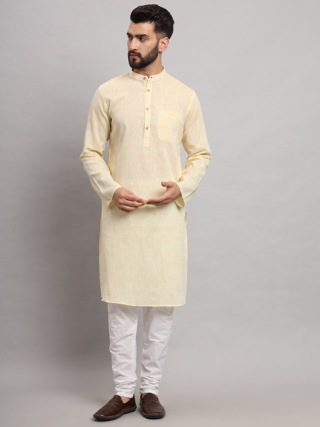 

Latest Chikan Garments Band Collar Long Sleeves Straight Kurta, Yellow