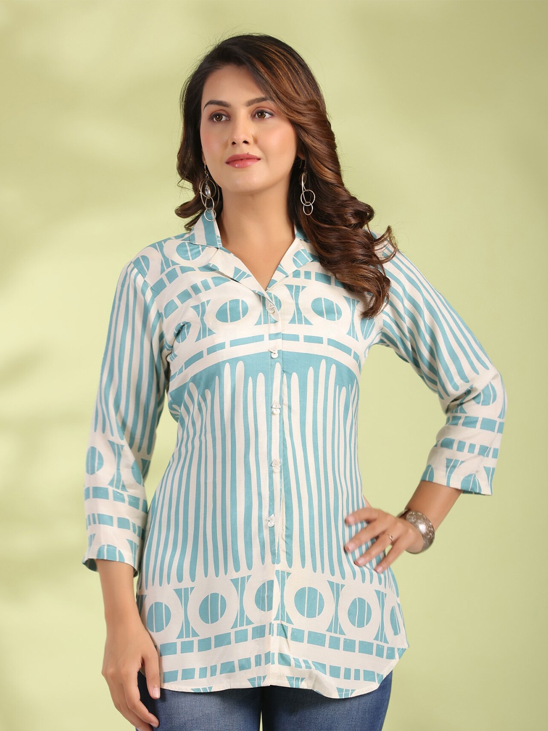 

JISORA Blue Geometric Printed Pure Silk Shirt Style Top
