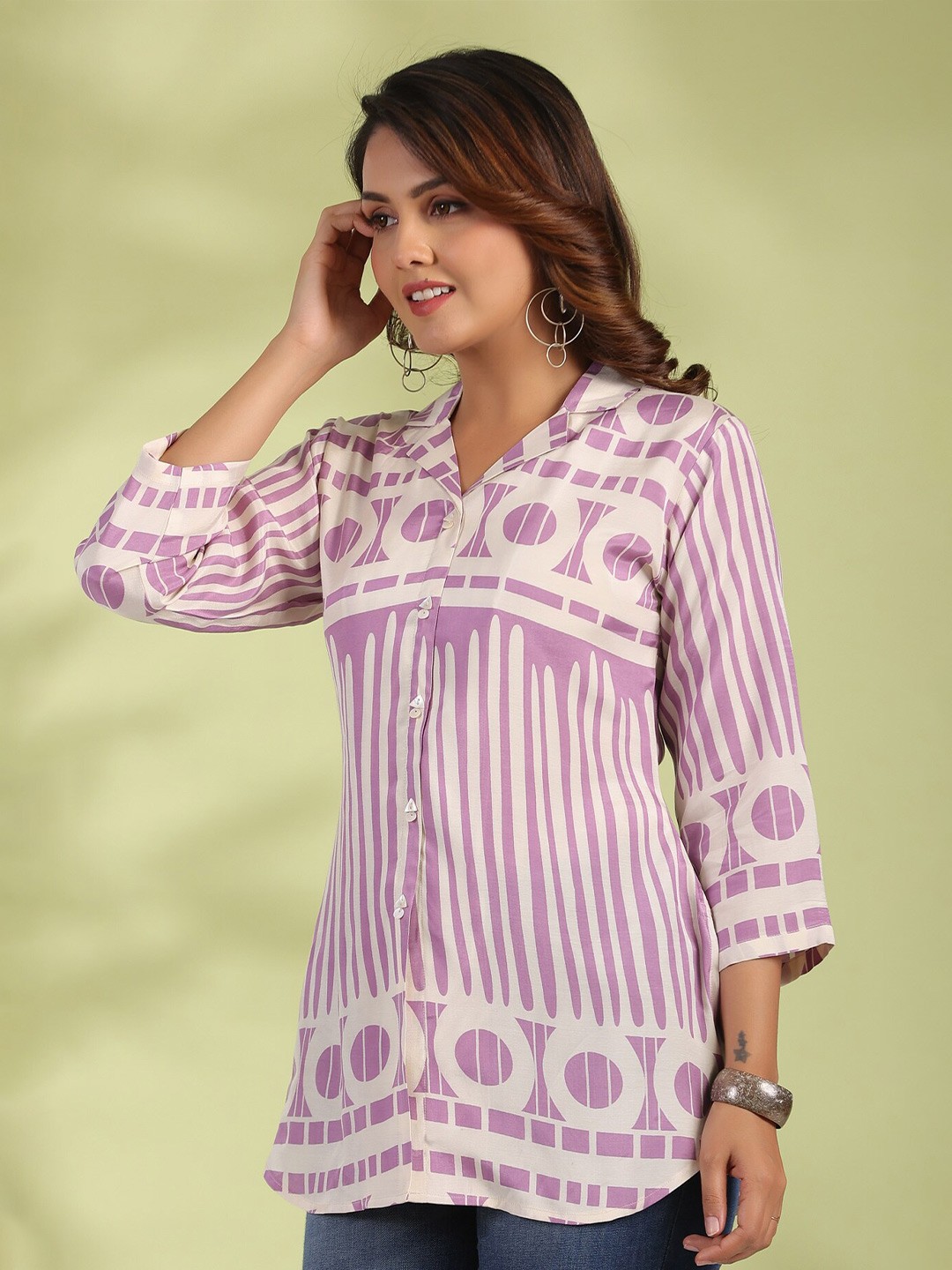 

JISORA Purple Geometric Printed Pure Silk Shirt Style Top
