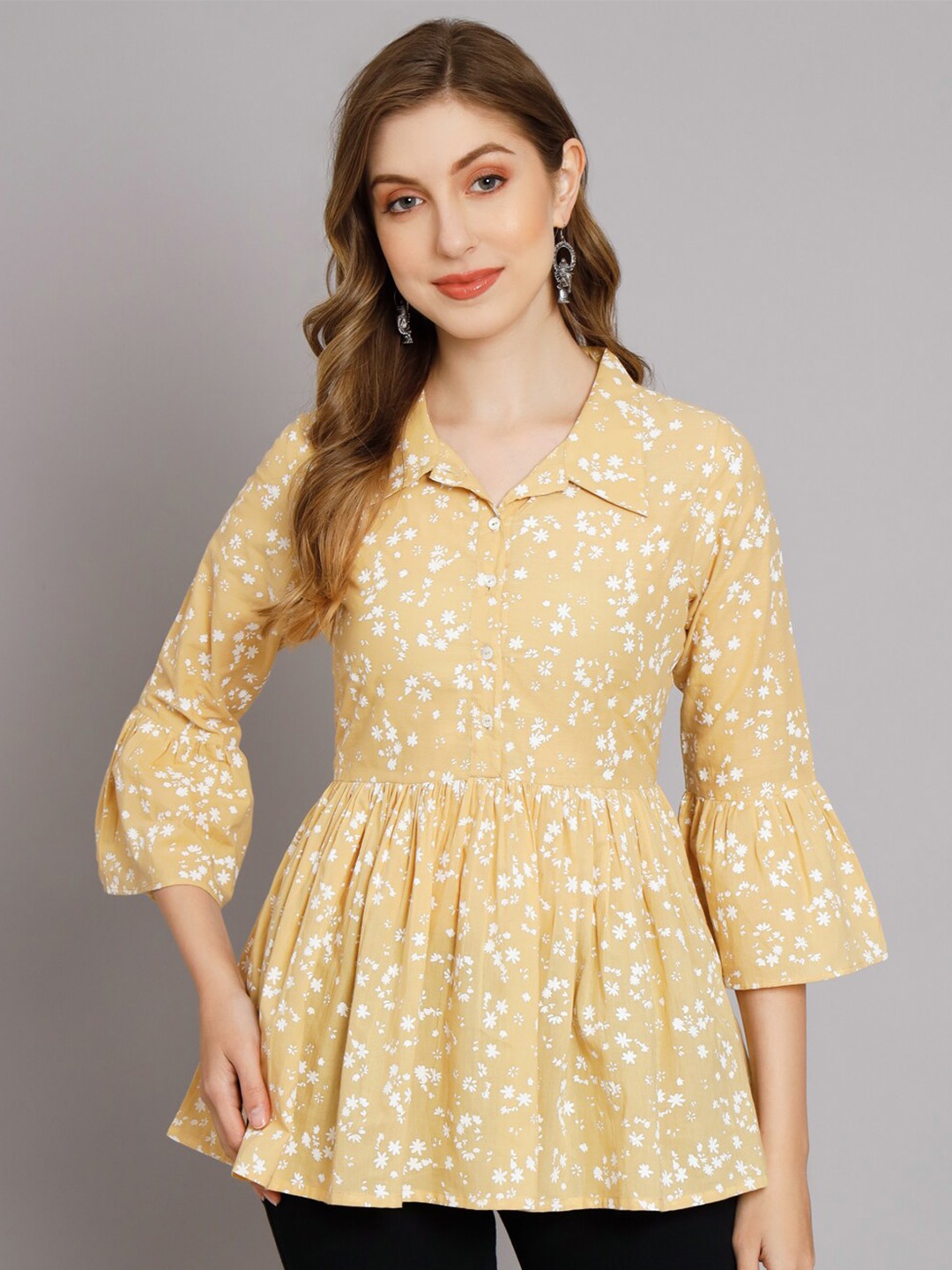 

DECKEDUP Shirt Collar Printed Cotton Tunic, Beige