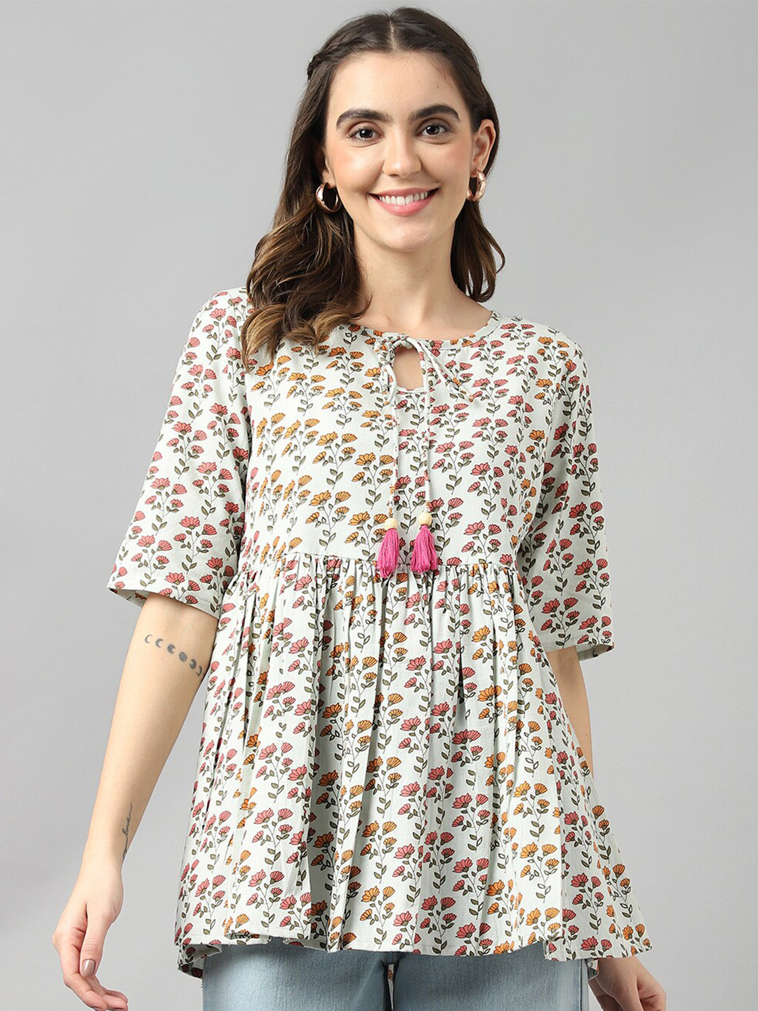 

DECKEDUP Floral Printed Cotton Tunic, Blue