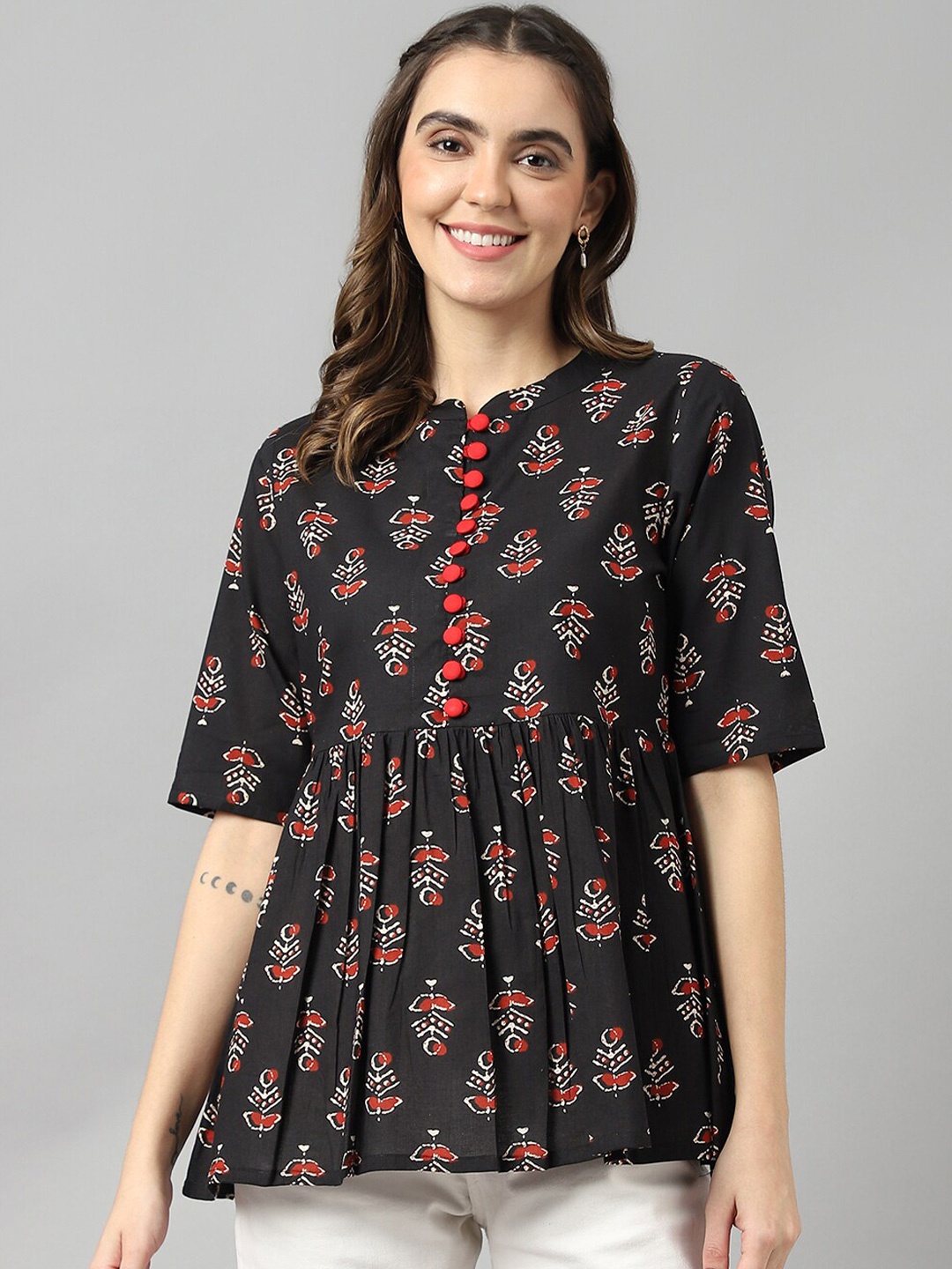 

DECKEDUP Mandarin Collar Printed Cotton Ethnic Tunic, Black
