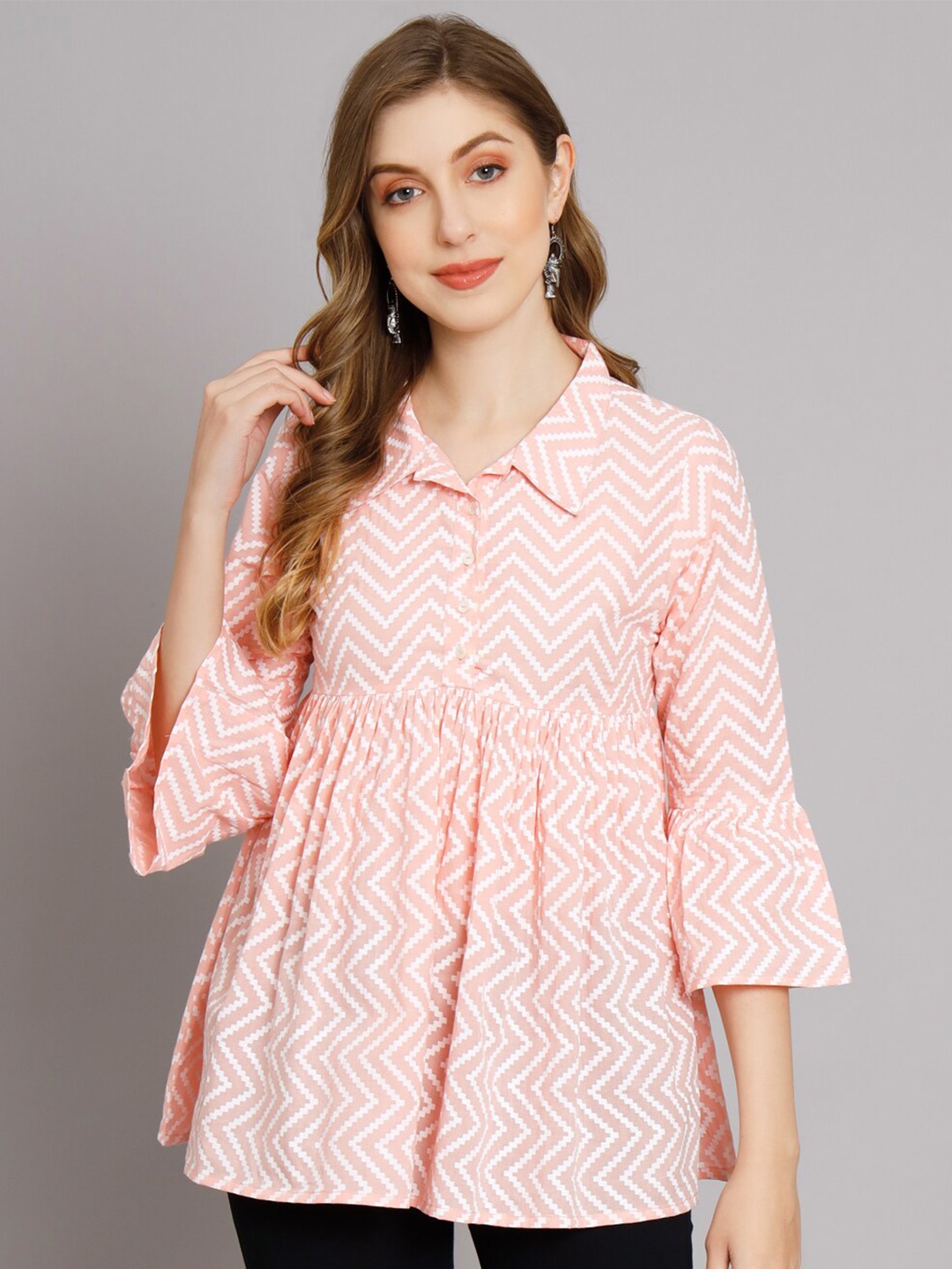 

DECKEDUP Chevron Printed Cotton Shirt Collar Tunic, Pink