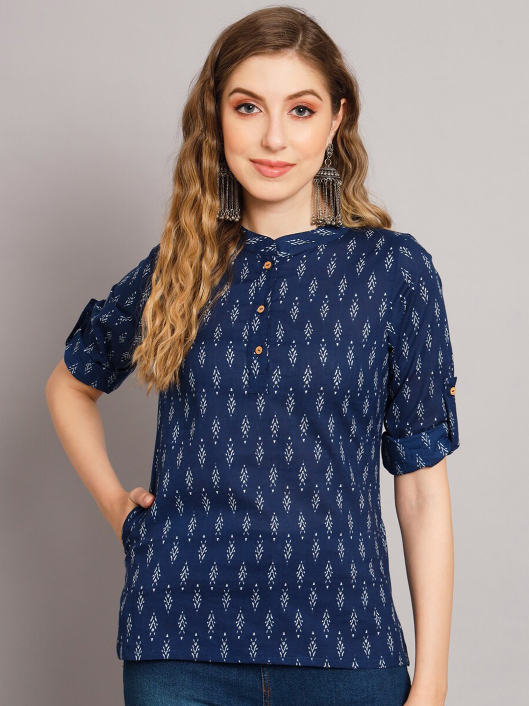 

DECKEDUP Printed Shirt Collar Cotton Tunic, Blue