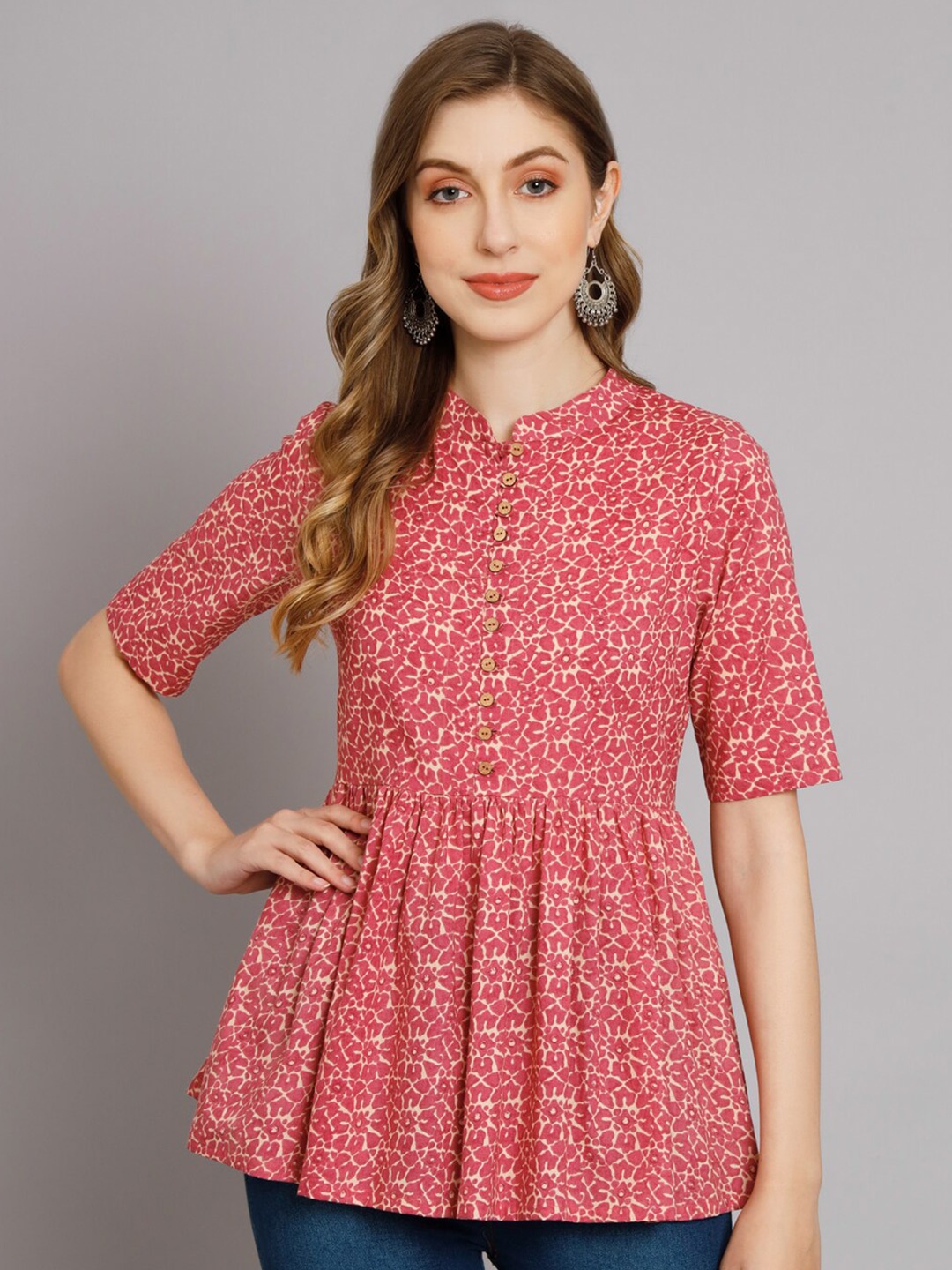 

DECKEDUP Printed Mandarin Collar Cotton Tunic, Magenta