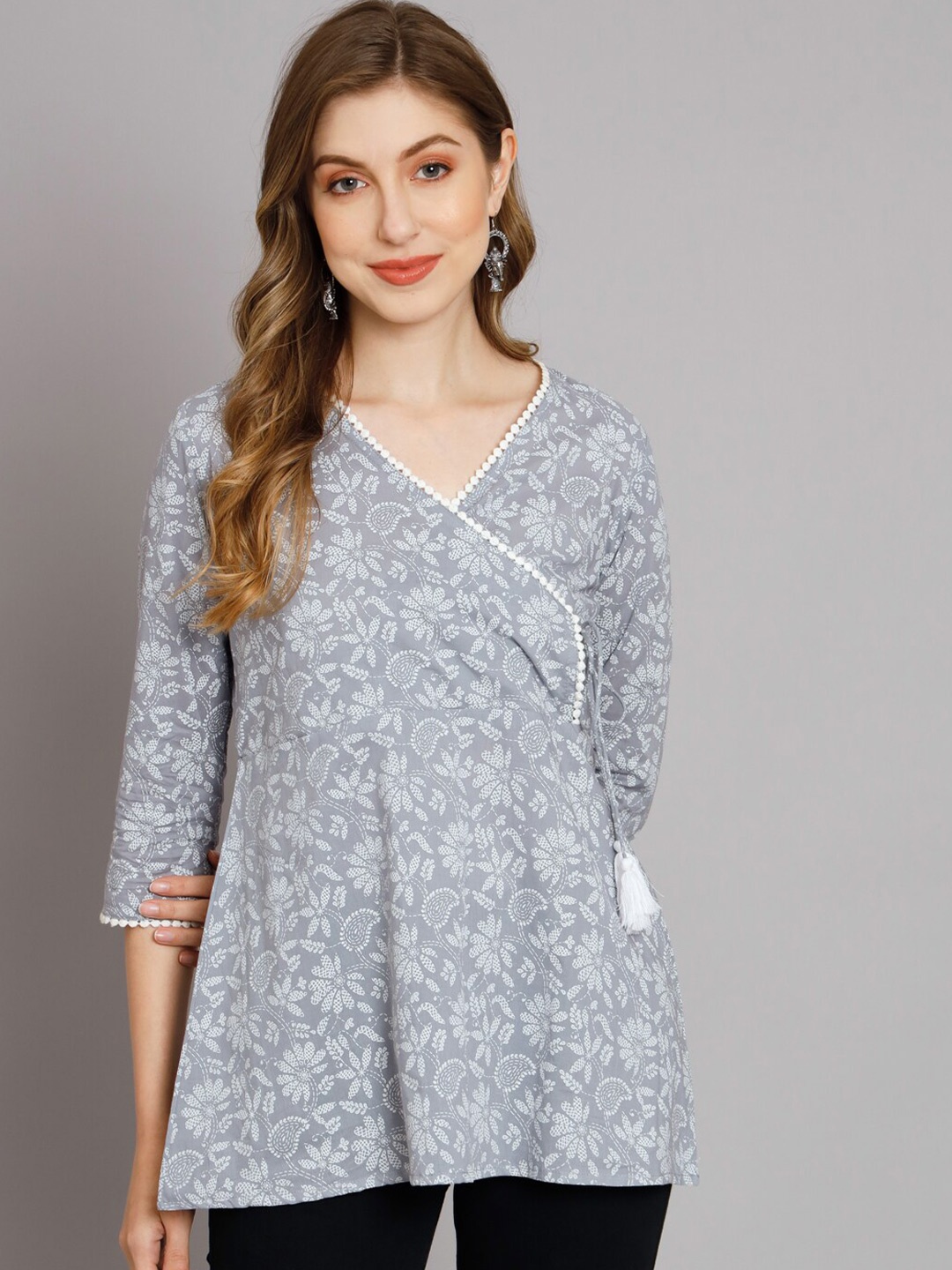 

DECKEDUP Floral Printed Cotton Angrakha Style Tunic, Grey