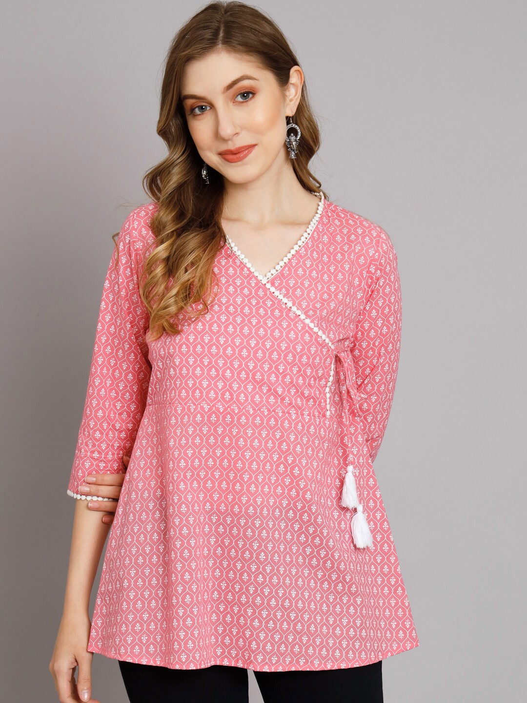 

DECKEDUP Ethnic Motifs Printed Cotton Angrakha Tunic, Pink