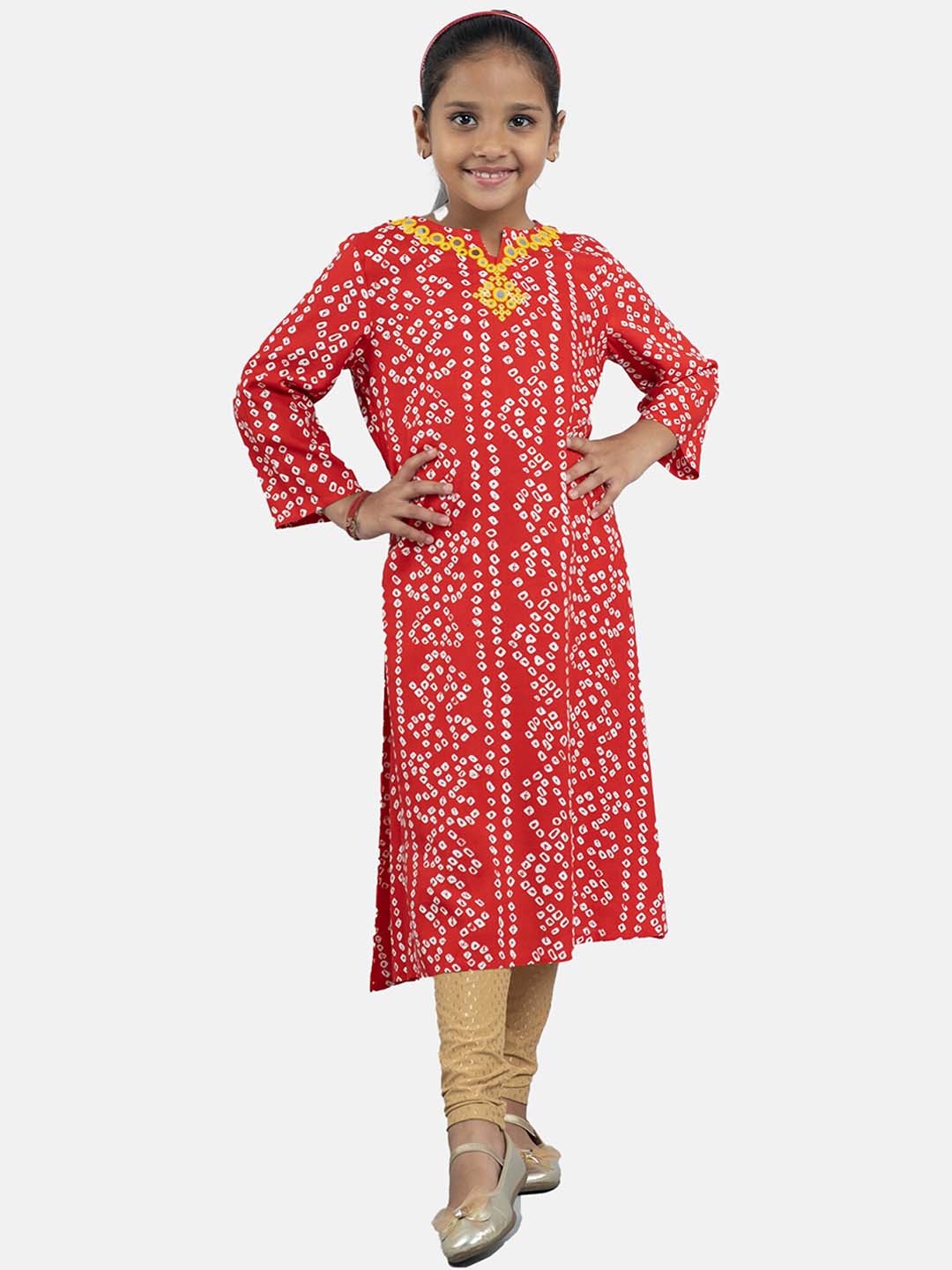 

KiddoPanti Girls Bandhani Printed Mirror Work A-Line Kurta With Leggings, Red