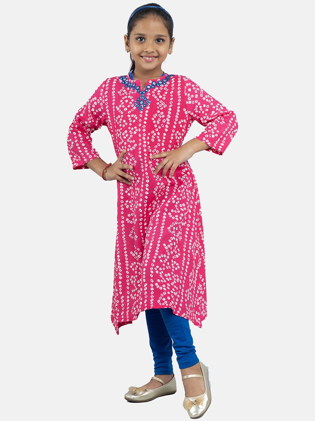 

KiddoPanti Girls Bandhani Printed Mirror Work A-Line Kurta With Leggings, Pink