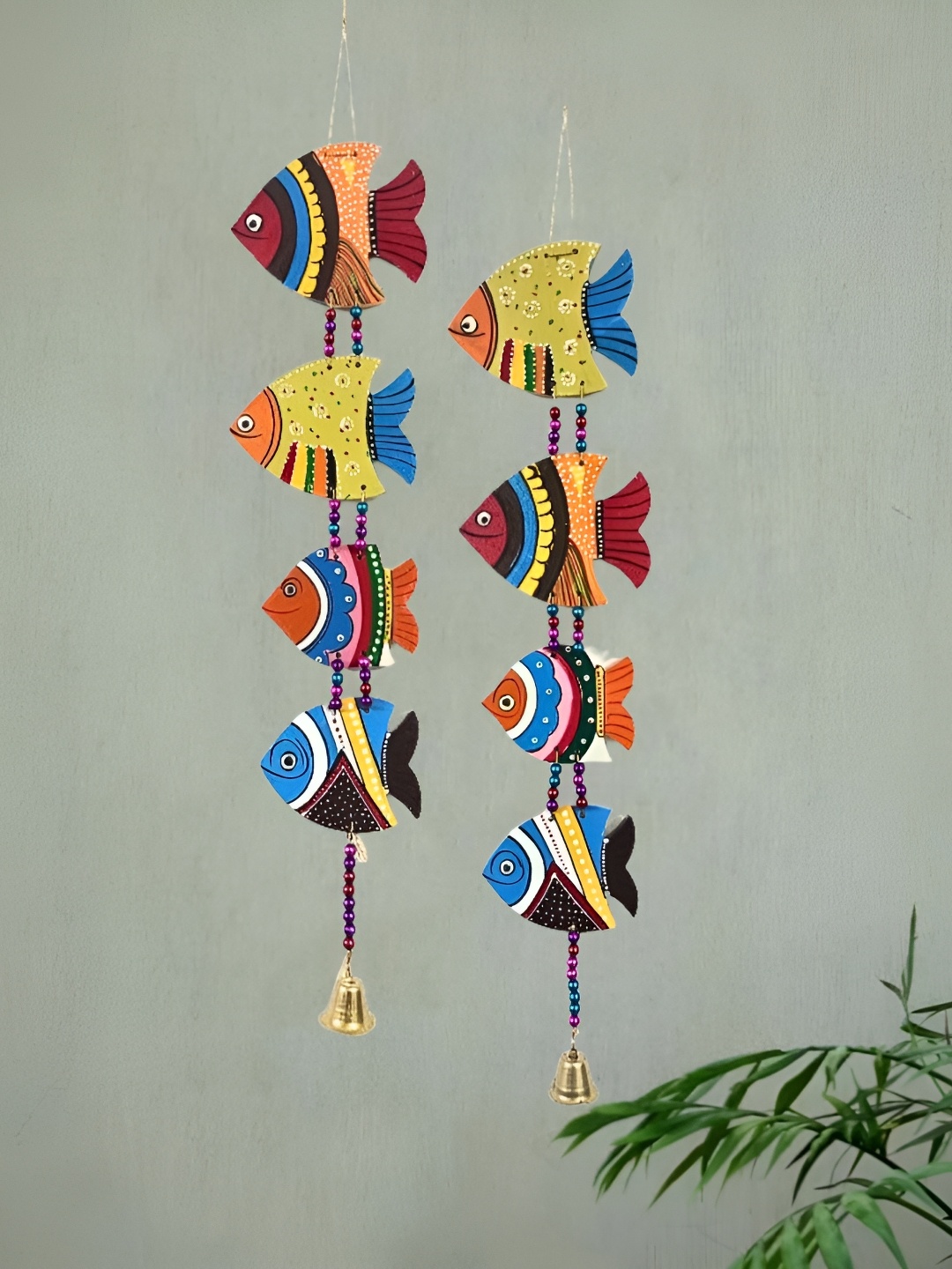 

dravy handicrafts Blue & Yellow 2 Pieces Printed Wooden Wall Hanging fish