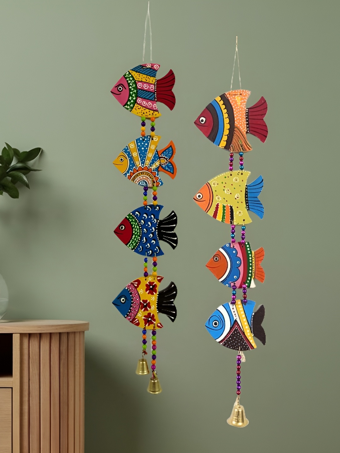 

dravy handicrafts Blue & Yellow 2 Pieces Printed Wooden Wall Hanging fish