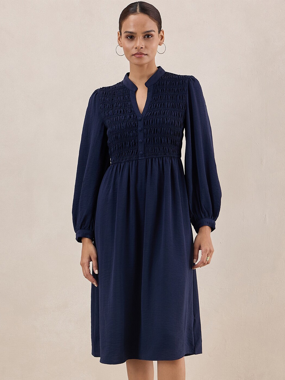 

Femella Mandarin Collar Puff Sleeves Smocked Fit & Flare Midi Dress, Navy blue