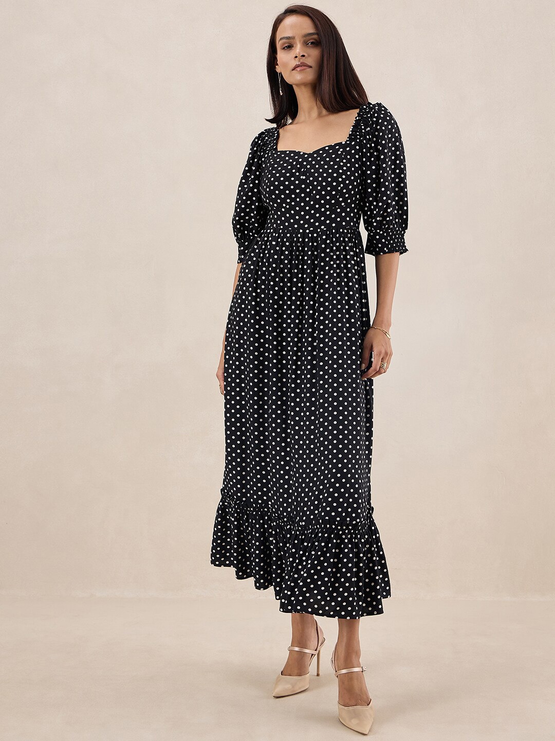 

Femella Polka Dot Printed Puff Sleeves Gathered Detailed Fit & Flare Midi Dress, Black