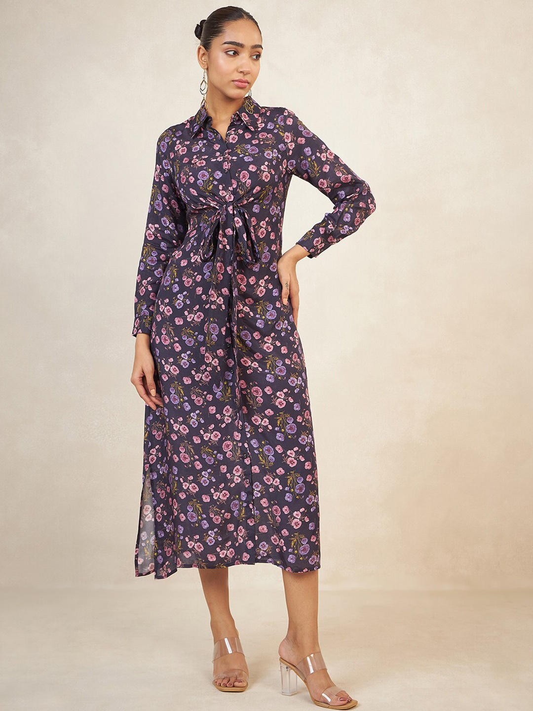 

Femella Floral Printed Cuffed Sleeves Tie-Up Detailed Shirt Midi Dress, Navy blue