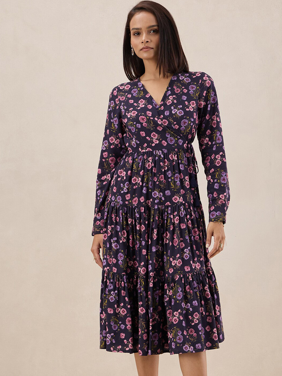 

Femella Floral Printed Cuffed Sleeves Tie Up Fit & Flare Dress, Navy blue