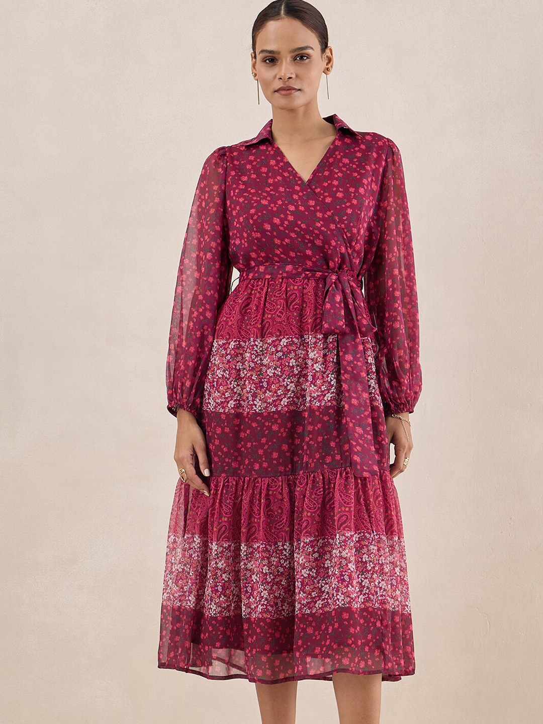 

Femella Floral Printed Puff Sleeves A-Line Midi Dress, Maroon