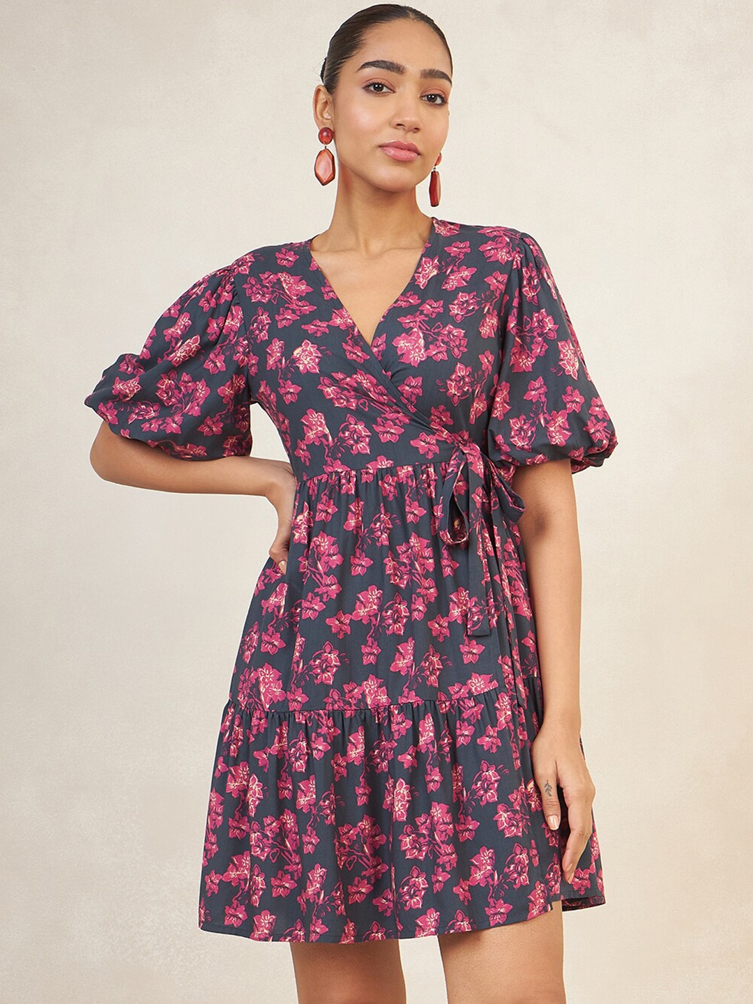 

FEMMELLA Floral Printed V-Neck Wrap Dress, Black