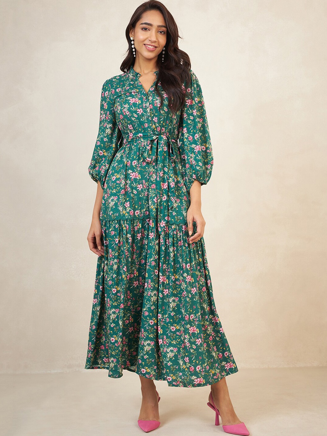 

Femella Floral Printed Pleated Puff Sleeve Maxi Dress, Green