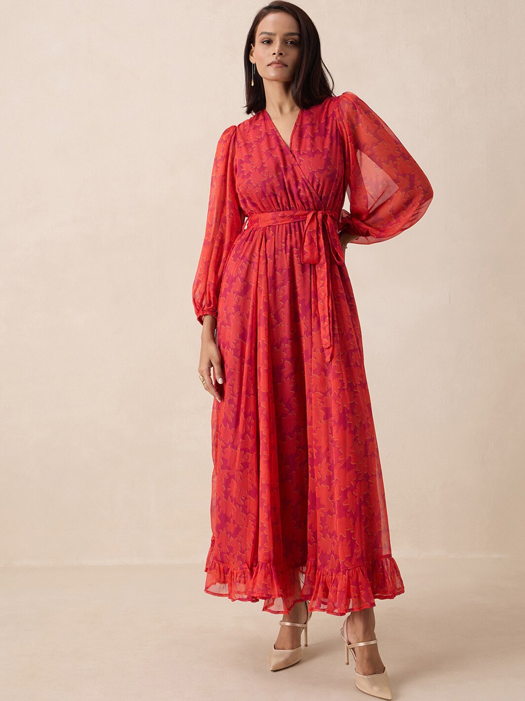 

FEMMELLA Floral Printed Puff Sleeve Maxi Wrap Dress, Orange