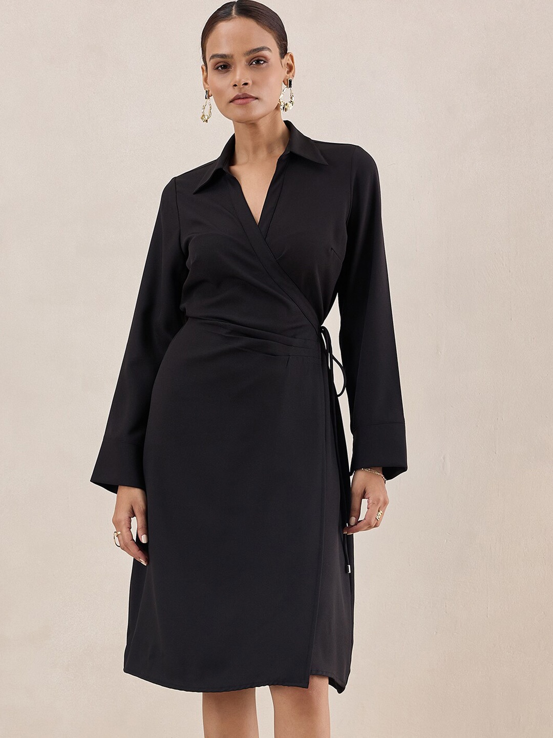 

FEMMELLA Shirt Collar Long Sleeves Tie Up Wrap Dress, Black