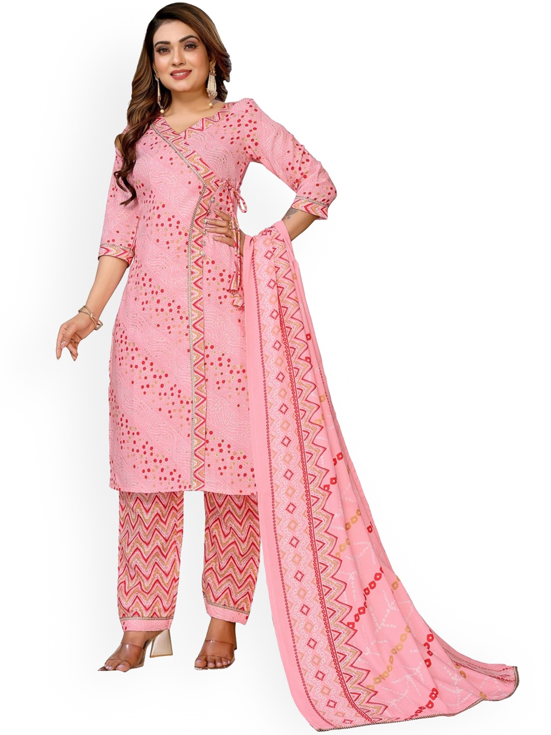 

Krimmple Bandhani Printed Angrakha Straight Kurta with Trousers & Dupatta, Pink