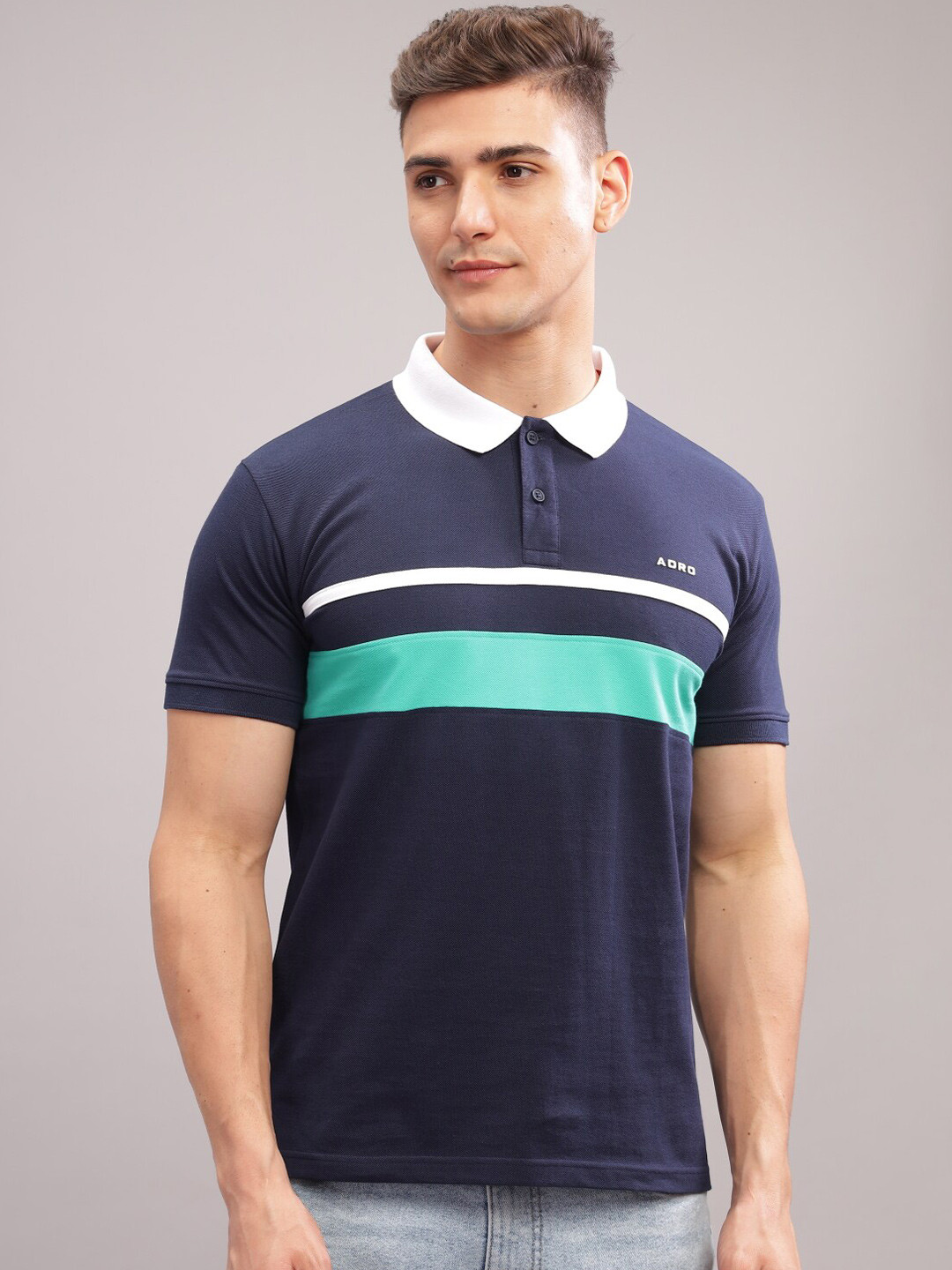 

ADRO Striped Polo Collar Short Sleeves Pure Cotton Regular T-shirt, Navy blue