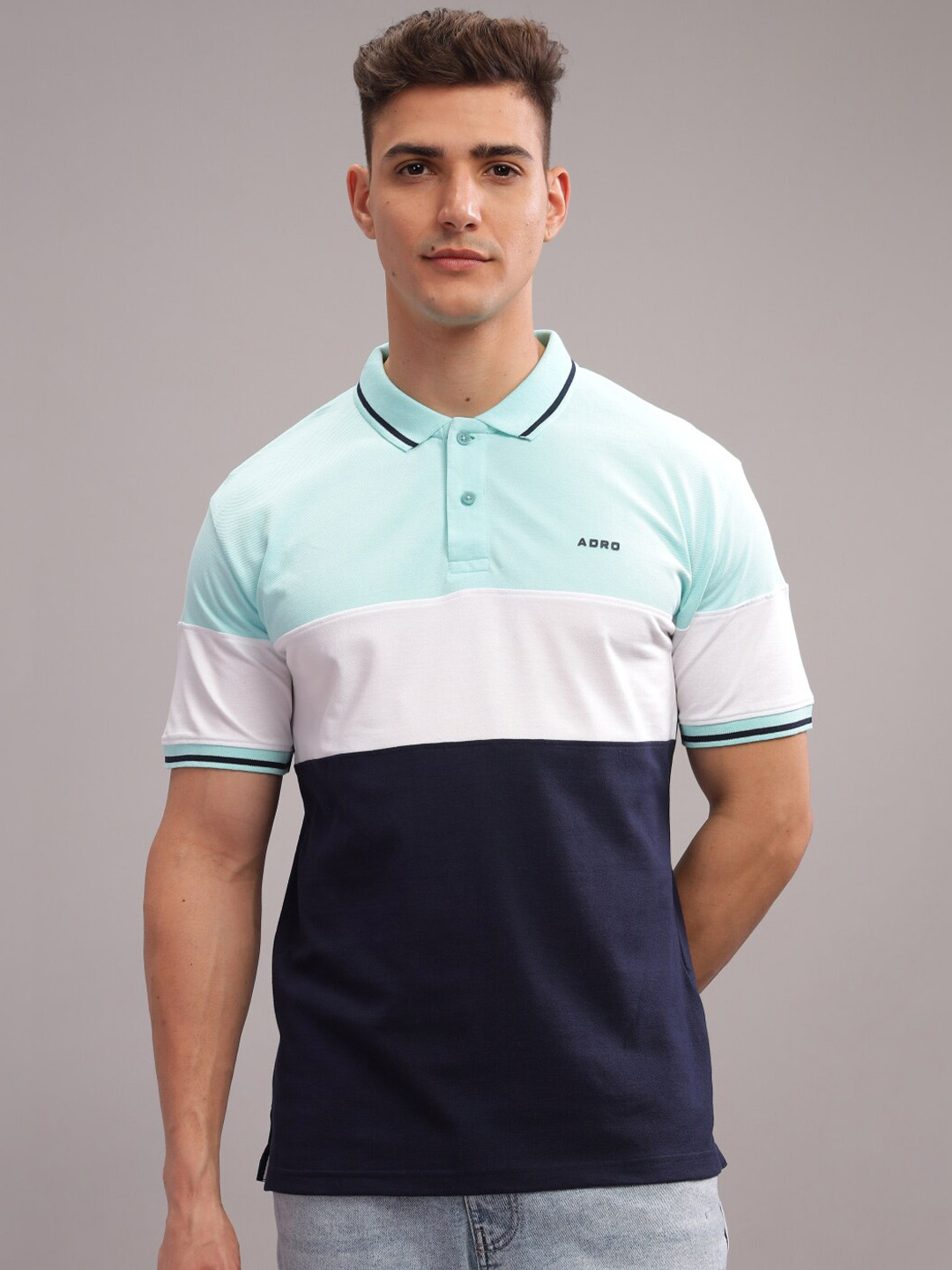 

ADRO Colourblocked Polo Collar Short Sleeves Pure Cotton Regular T-shirt, Turquoise blue
