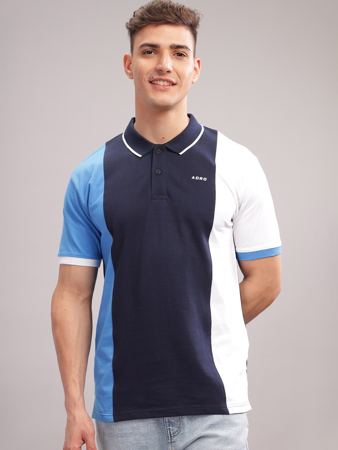 

ADRO Colourblocked Polo Collar Short Sleeves Pure Cotton Regular T-shirt, Blue