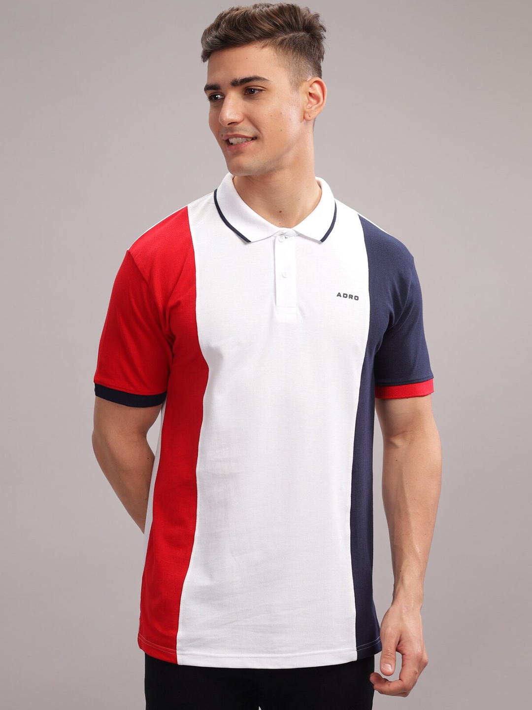 

ADRO Colourblocked Polo Collar Short Sleeves Pure Cotton Regular T-shirt, White