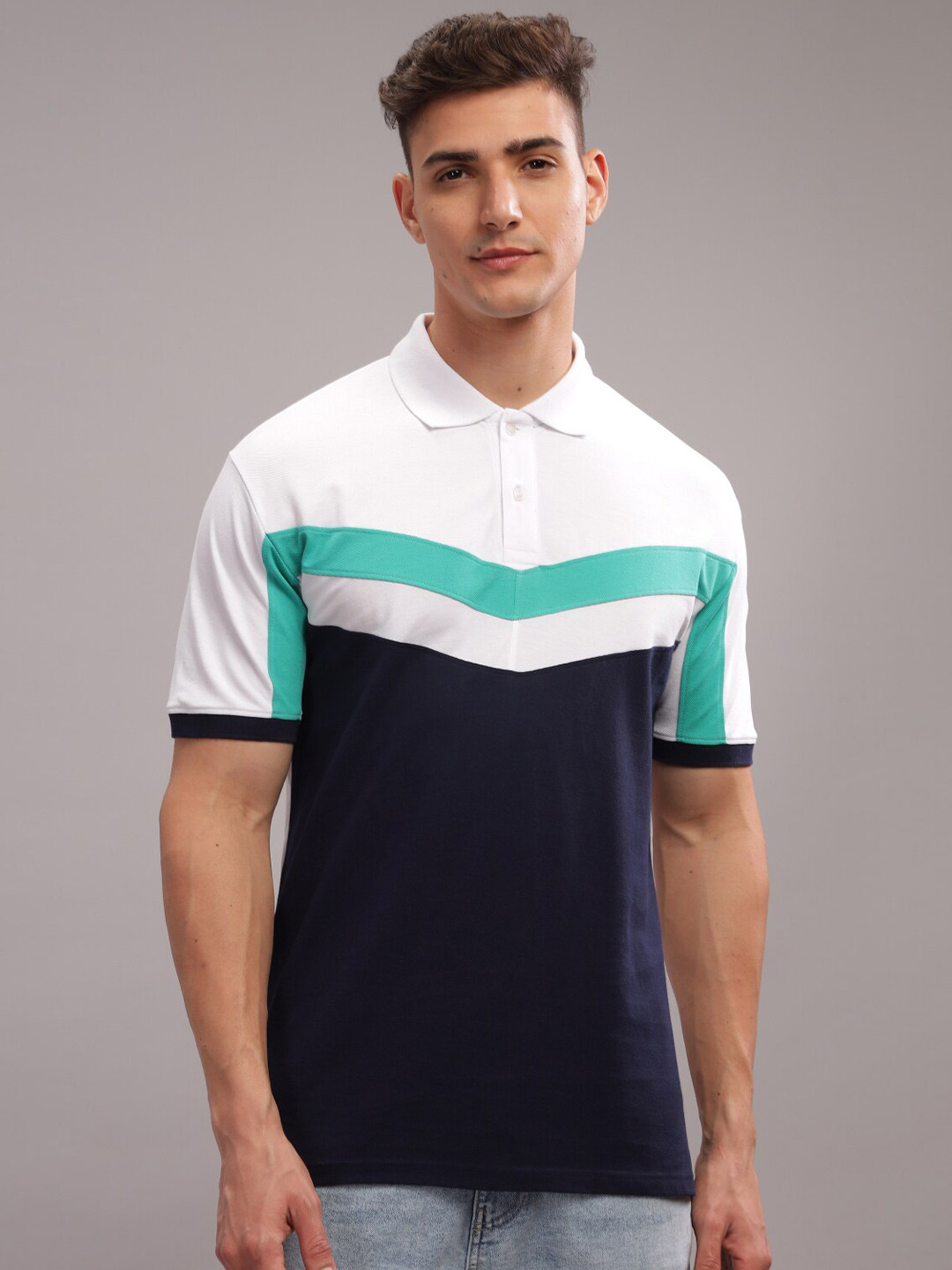 

ADRO Colourblocked Polo Collar Short Sleeves Pure Cotton Regular T-shirt, White