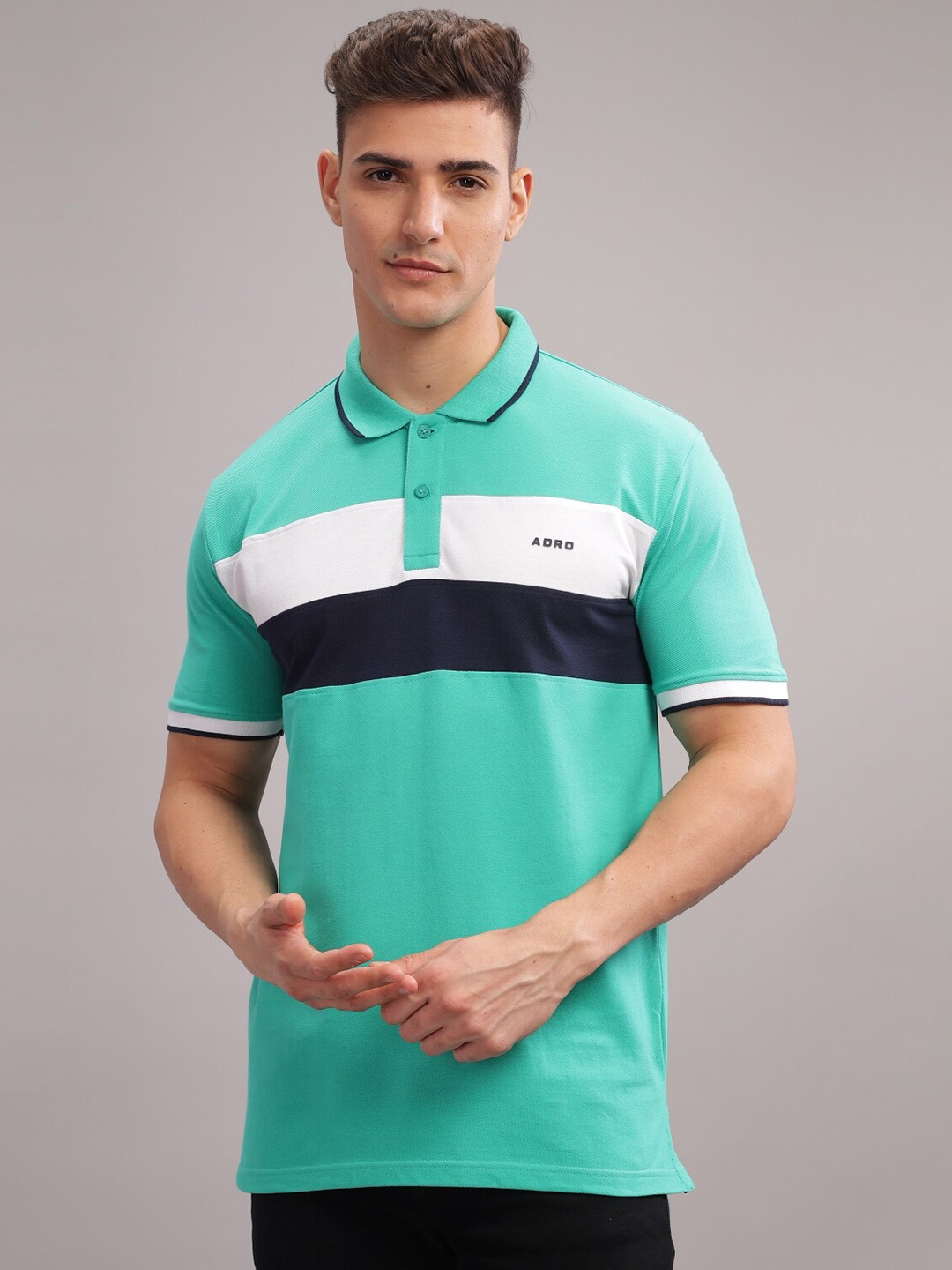 

ADRO Colourblocked Polo Collar Short Sleeves Pure Cotton Regular T-shirt, Turquoise blue