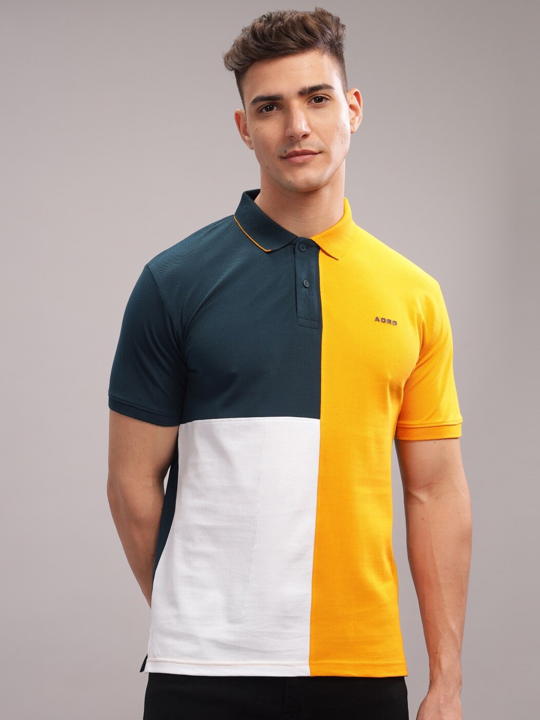 

ADRO Colourblocked Polo Collar Short Sleeves Pure Cotton Regular T-shirt, Mustard