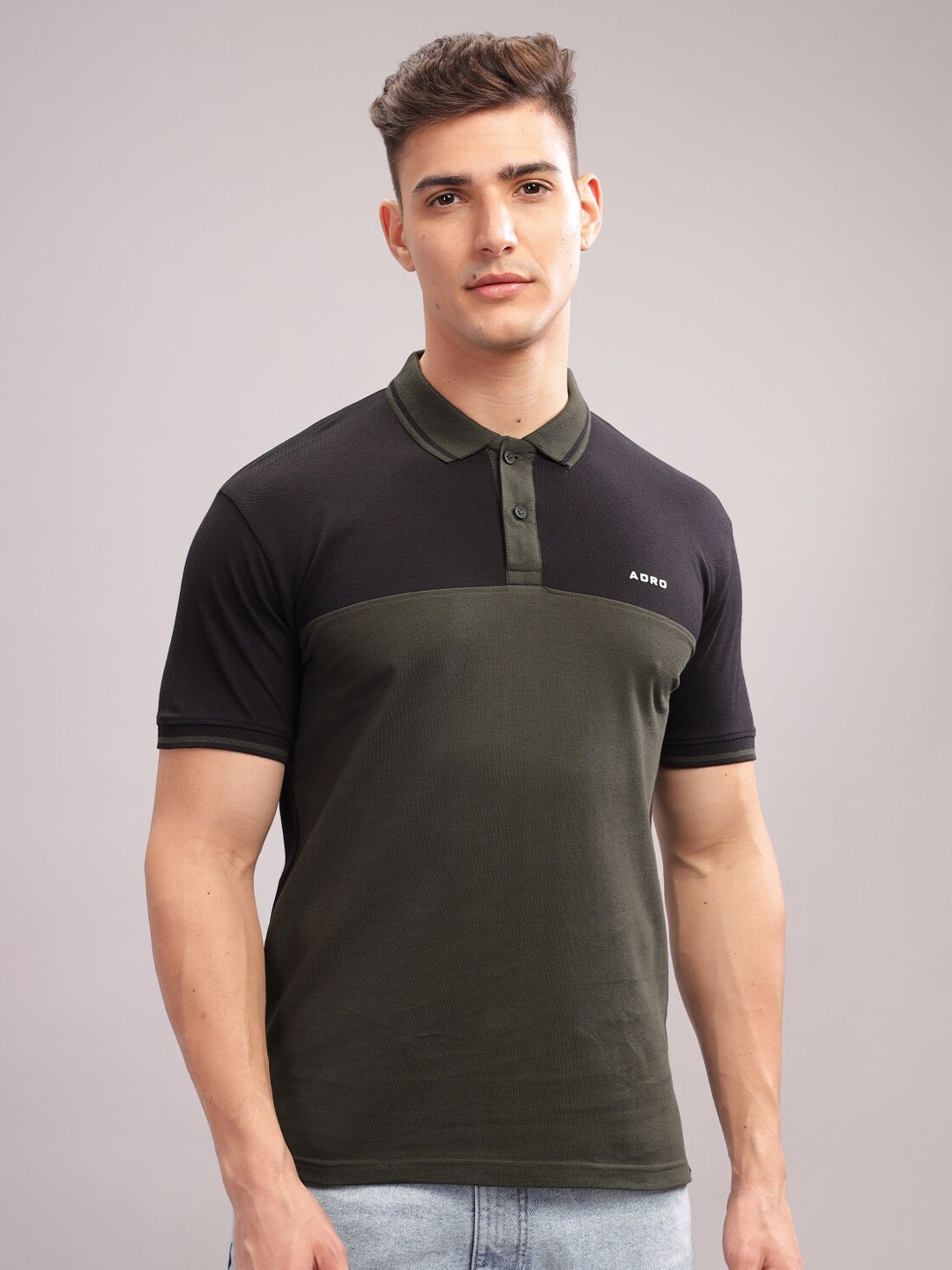 

ADRO Colourblocked Polo Collar Short Sleeves Pure Cotton Regular T-shirt, Olive