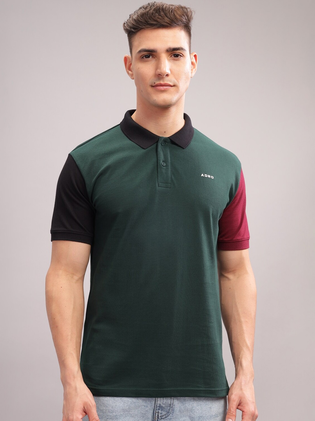 

ADRO Colourblocked Polo Collar Short Sleeves Pure Cotton Regular T-shirt, Green