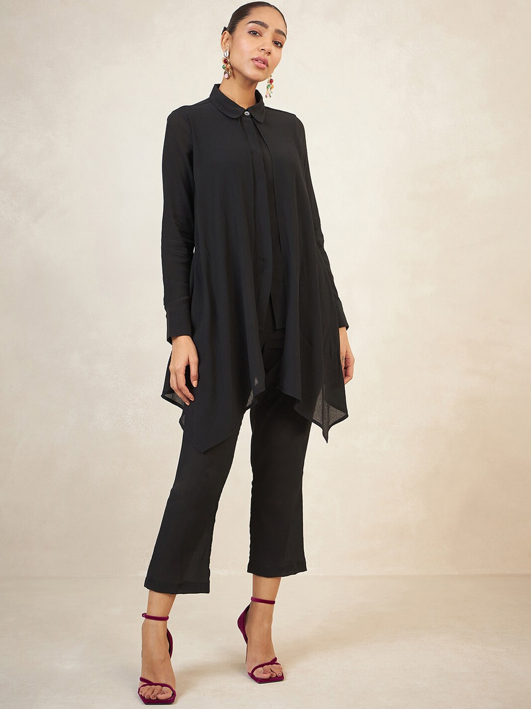 

FEMMELLA Crinkle Longline Long Sleeves Shirt With Trousers, Black