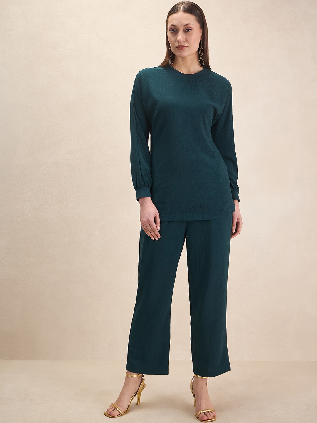 

Femella Crinkled Crew Neck Top With Trousers, Green