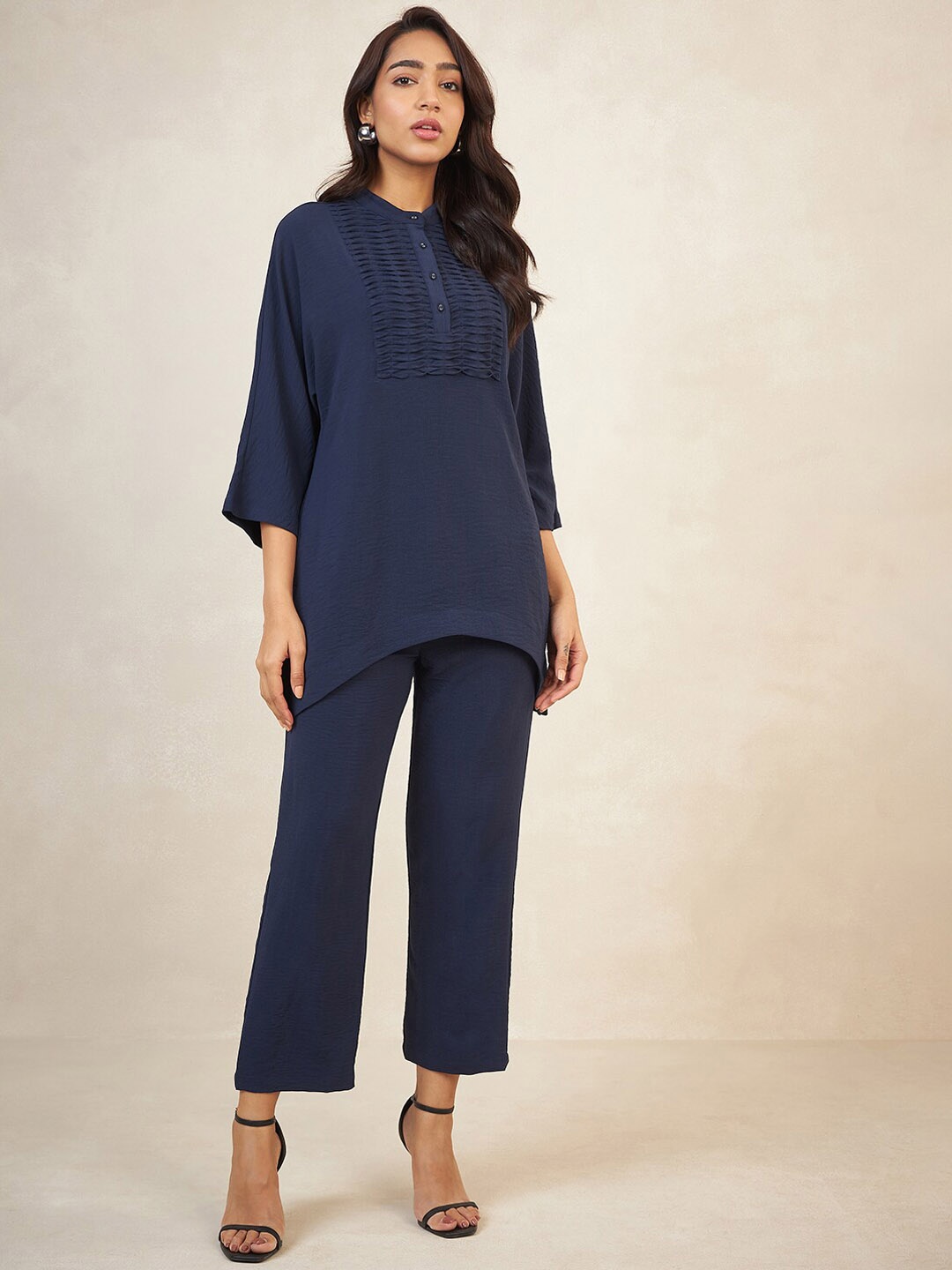 

FEMMELLA Pintuck Yoke Detail Top With Trouser, Navy blue