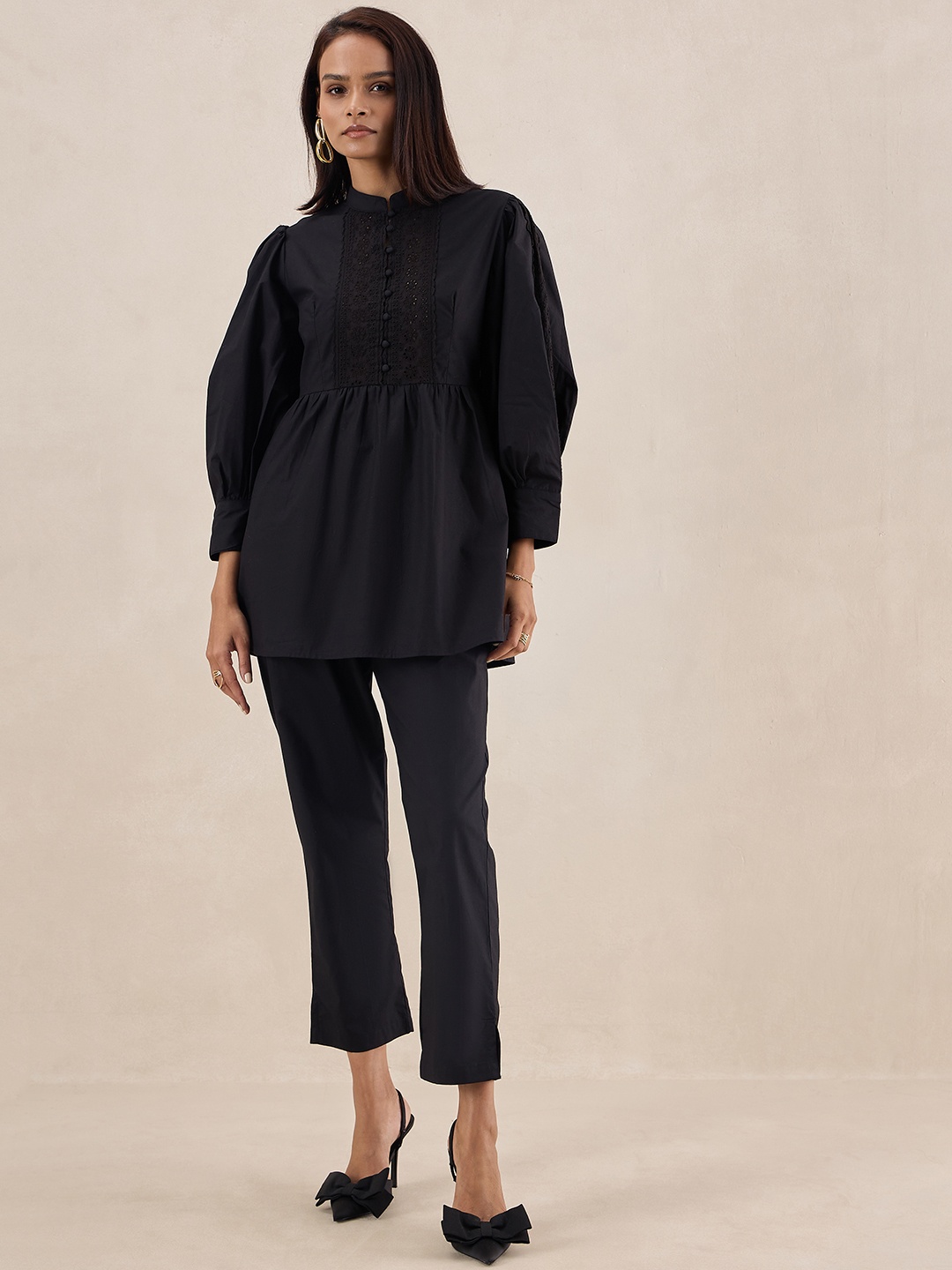 

FEMMELLA Mandarin Collar Pure Cotton Tunic With Trousers, Black