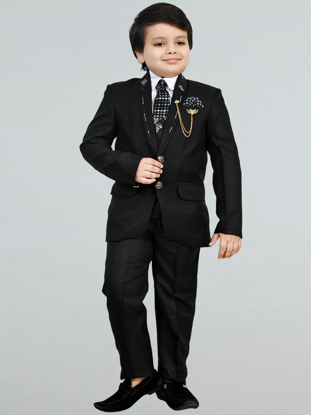 

BT DEZINES Boys Printed Single-Breasted 5-Piece Party Suits, Black