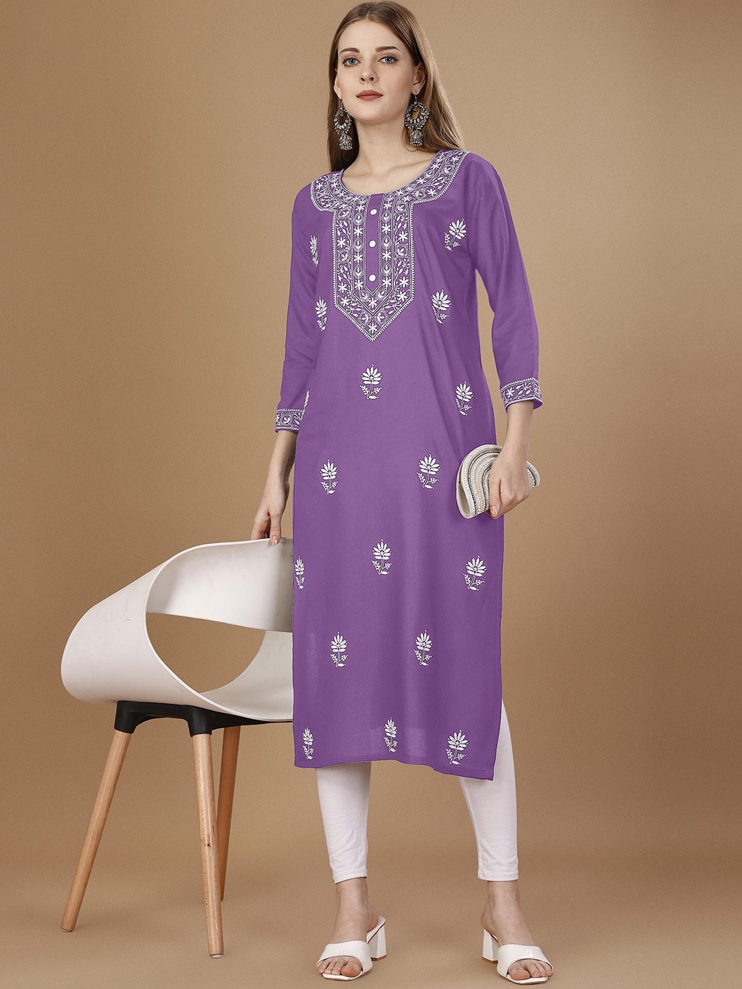 

Shree Ramkrishna Fab Round Neck Ethnic Motifs Embroidered Chikankari Kurta, Purple