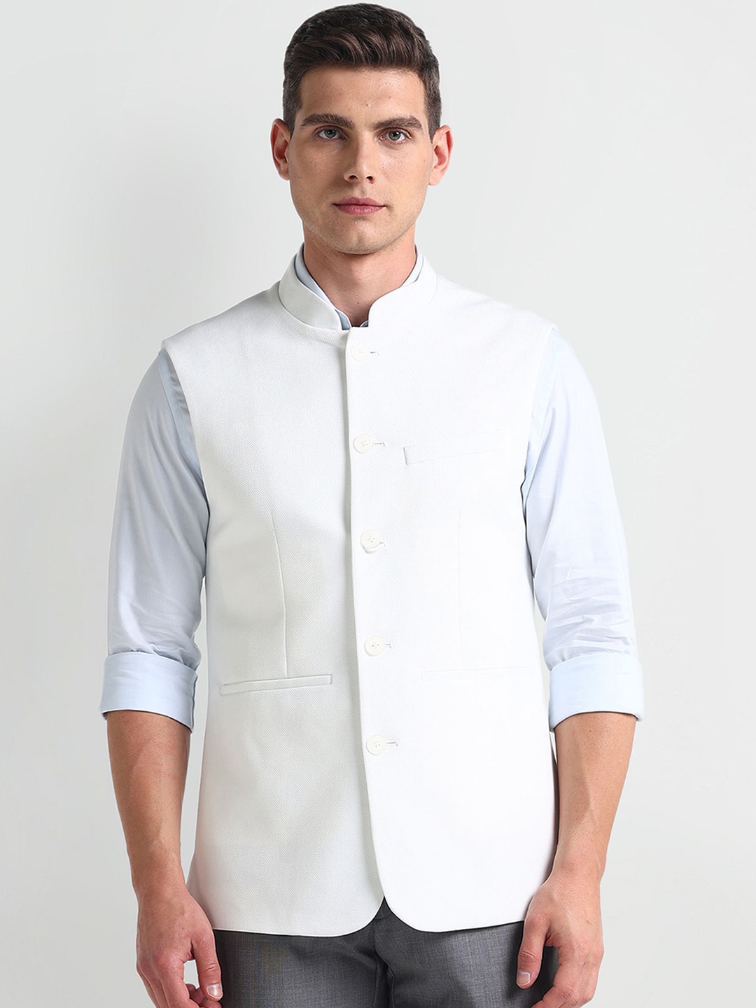 

Arrow Mandarin Collar Nehru Jacket, White