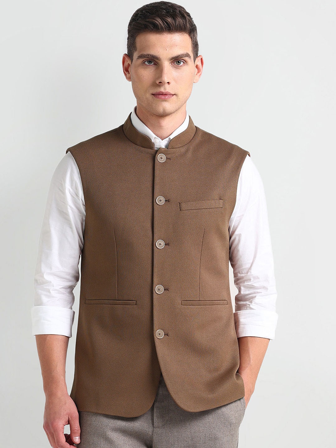 

Arrow Mandarin Collar Nehru Jacket, Brown